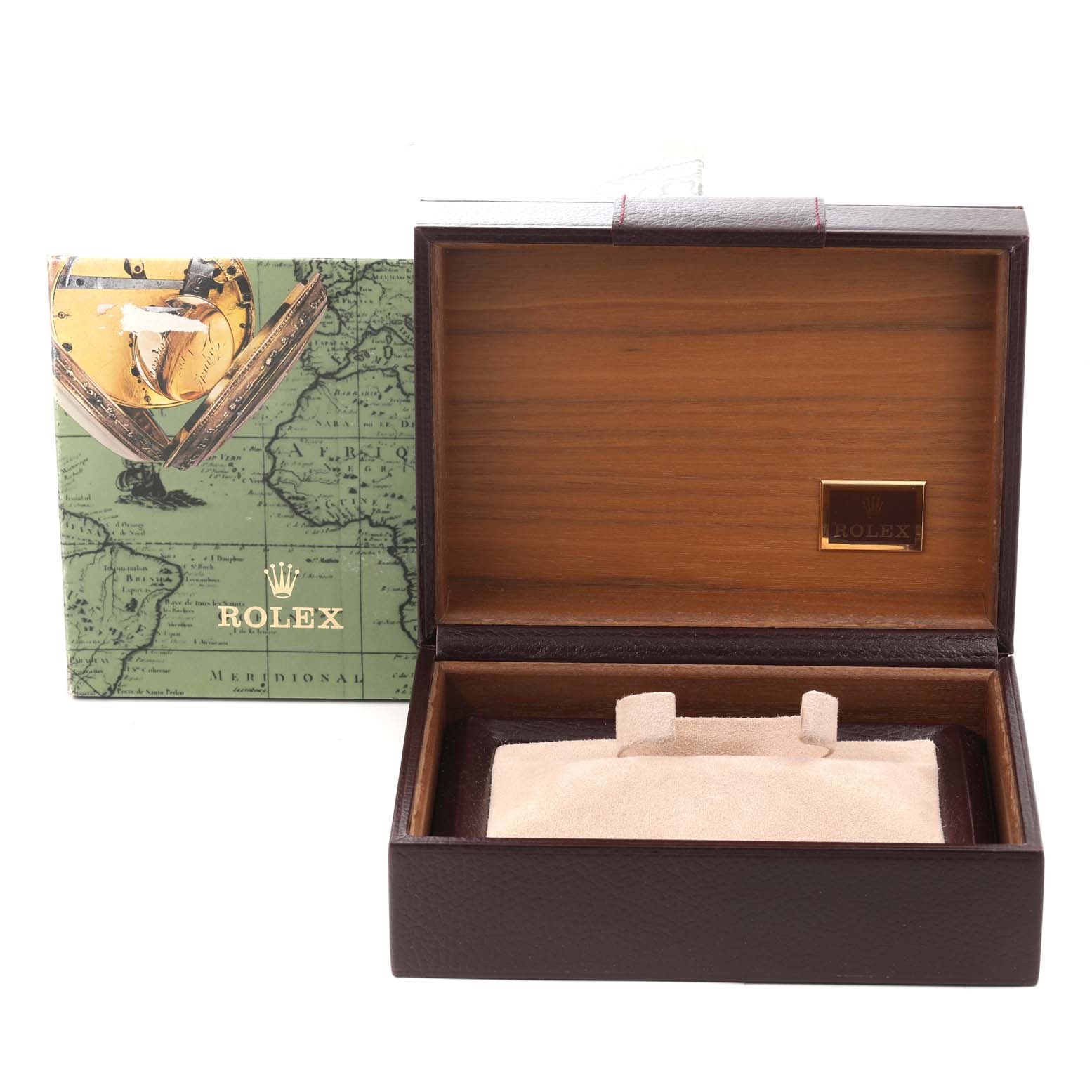 The image shows an open Rolex President 18248 Men
s Yellow Gold Champagne Dial 18248 Men
s Yellow Gold Champagne Dial watch box with packaging beside it, viewed from the front.