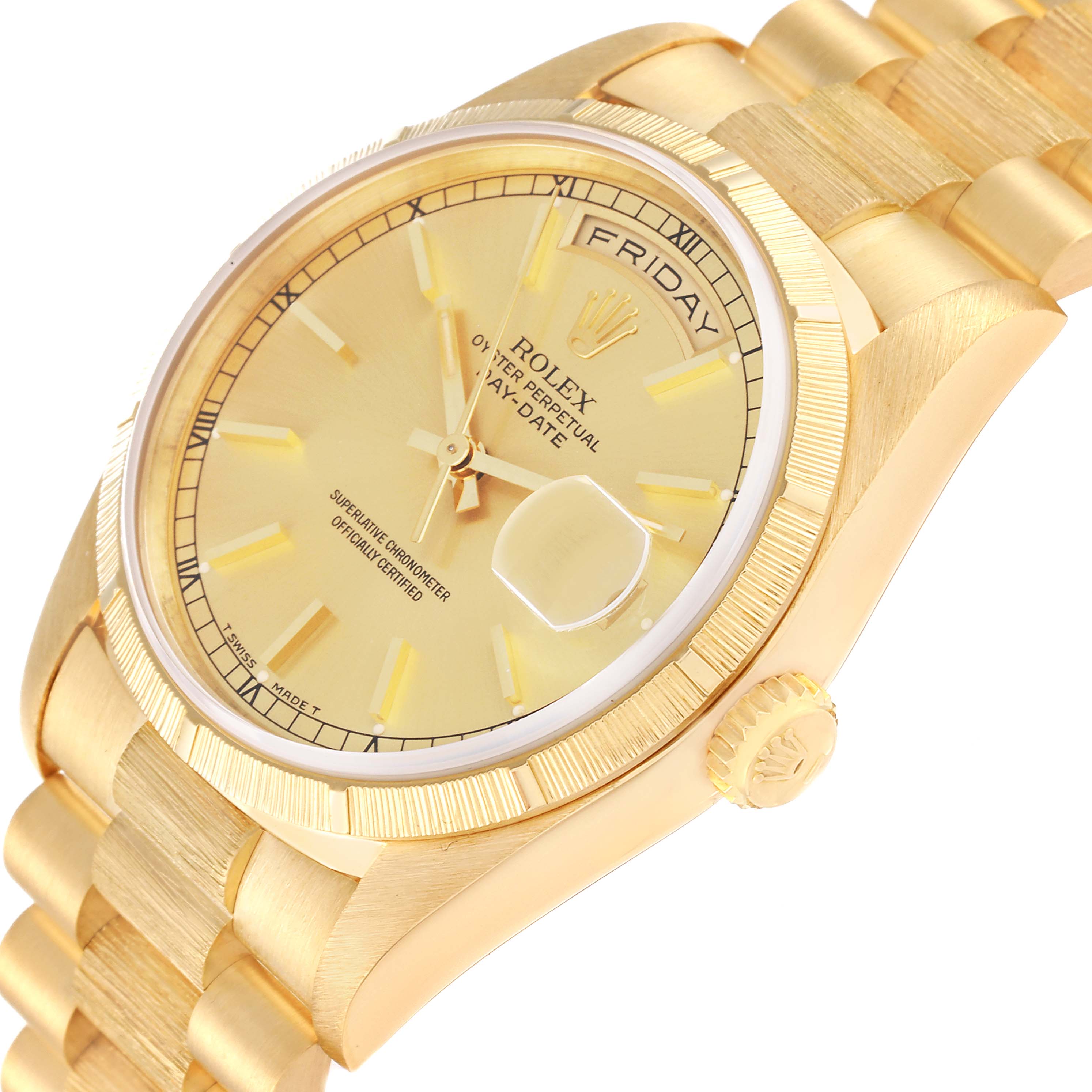 This image shows a close-up angle of the Rolex President 18248 Men
s Yellow Gold Champagne Dial 18248 Men
s Yellow Gold Champagne Dial model watch, highlighting its gold bracelet, dial, bezel, and crown.