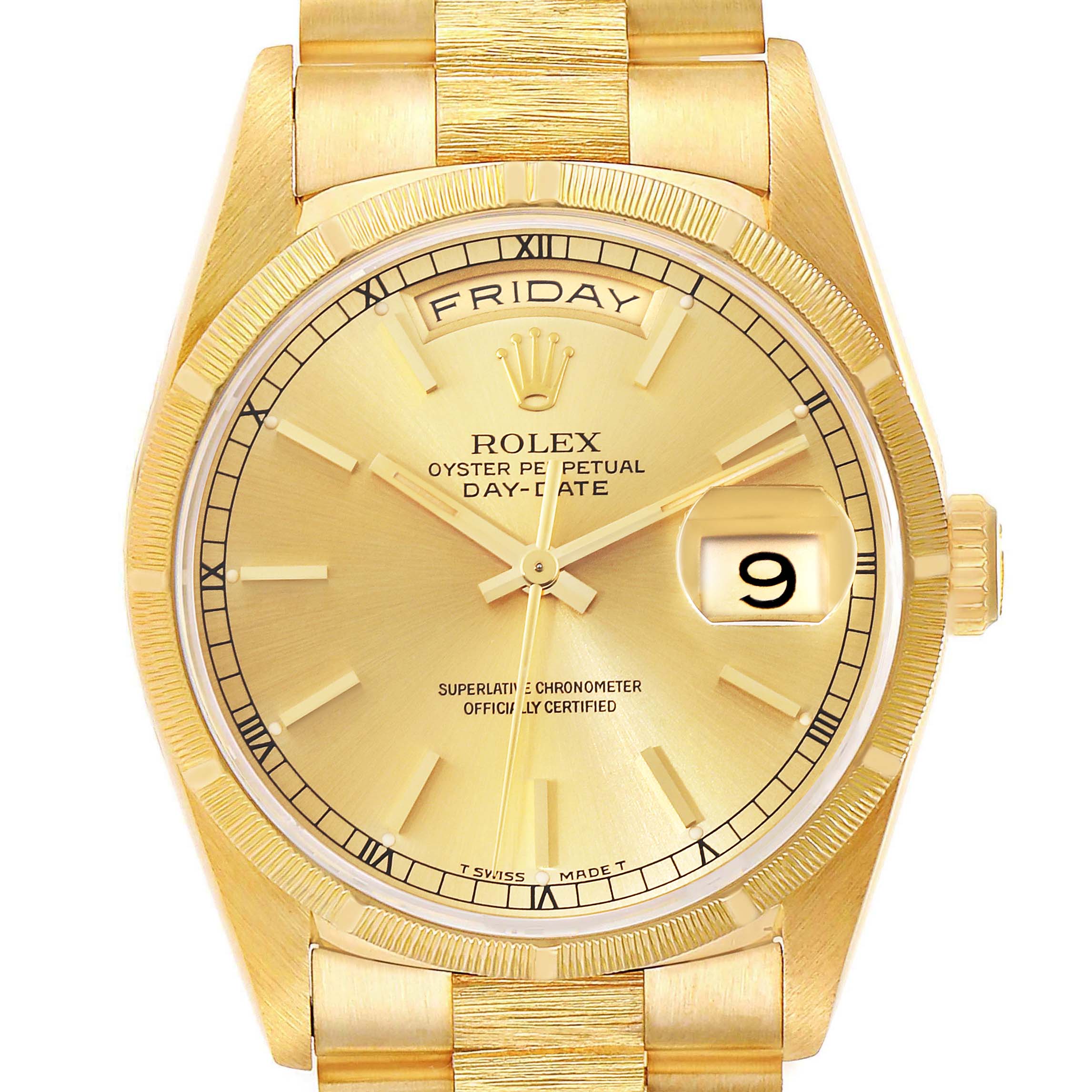 This image shows a front view of a Rolex President 18248 Men
s Yellow Gold Champagne Dial 18248 Men
s Yellow Gold Champagne Dial Day-Date watch, highlighting the bezel, dial, hands, and bracelet.