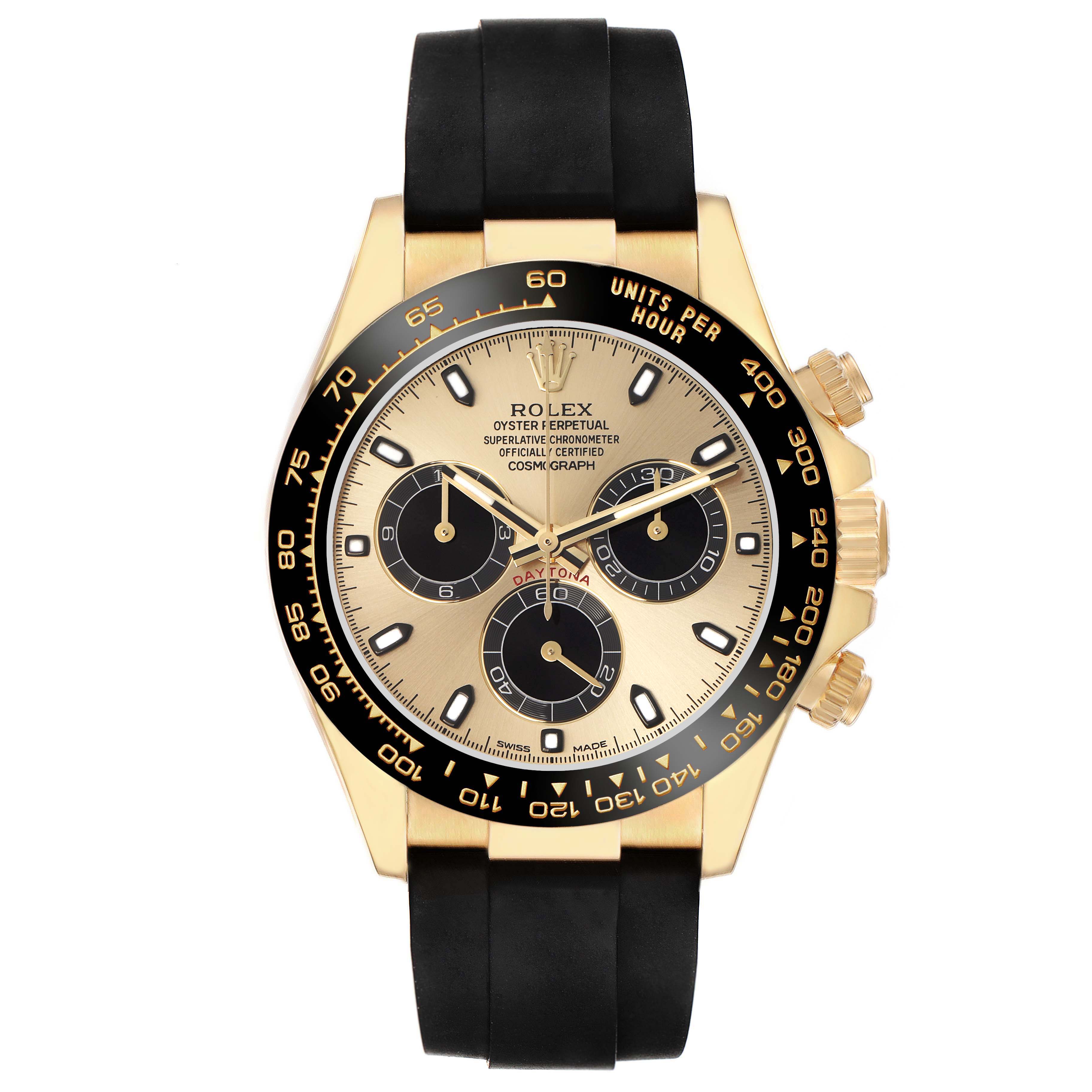The Rolex Daytona 73019 Men
s Yellow Gold Champagne Dial watch is shown from a front angle, highlighting its gold face, black bezel, sub-dials, and black strap.