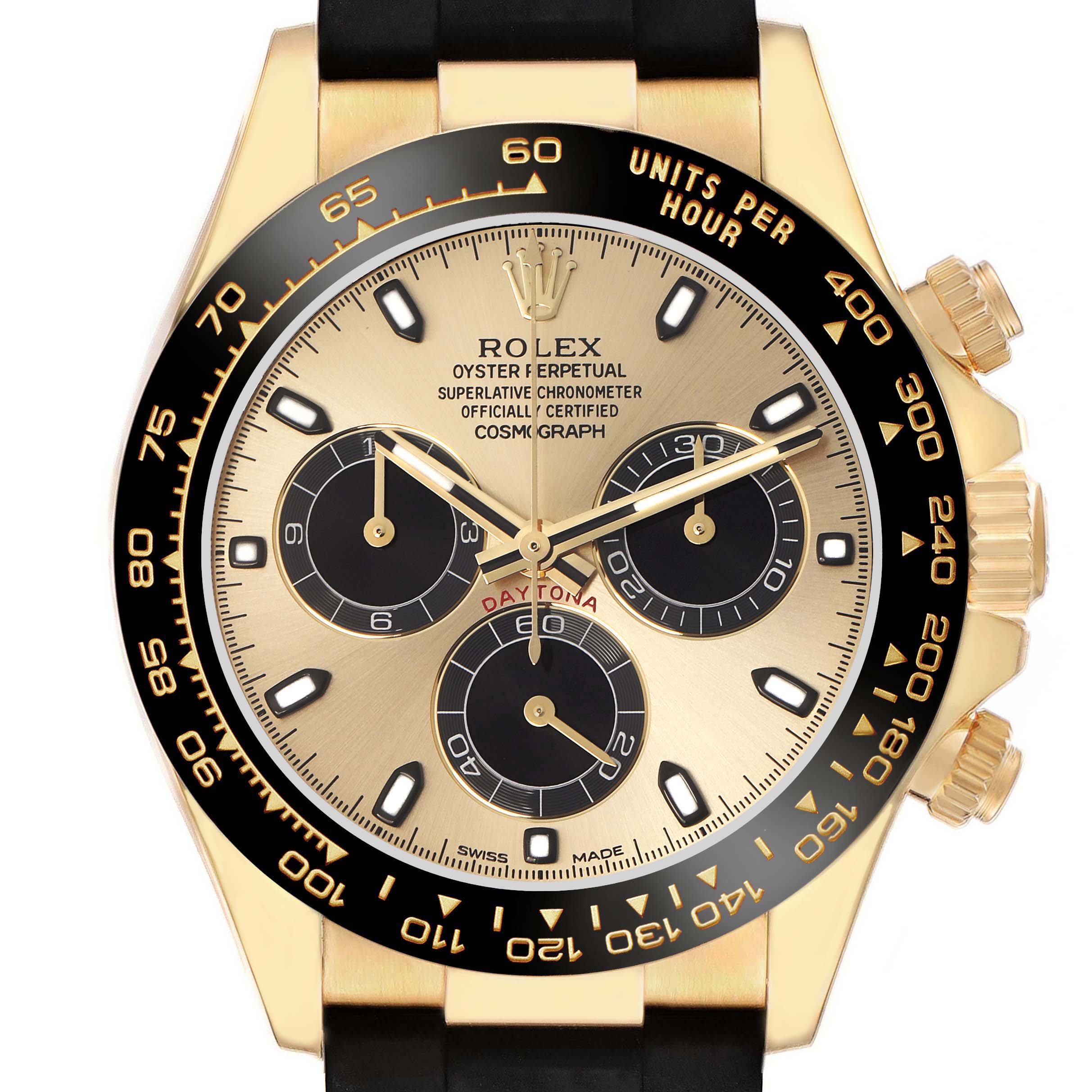 The Rolex Daytona 73019 Men
s Yellow Gold Champagne Dial watch is shown from the front, highlighting the dial, bezel, and pushers.