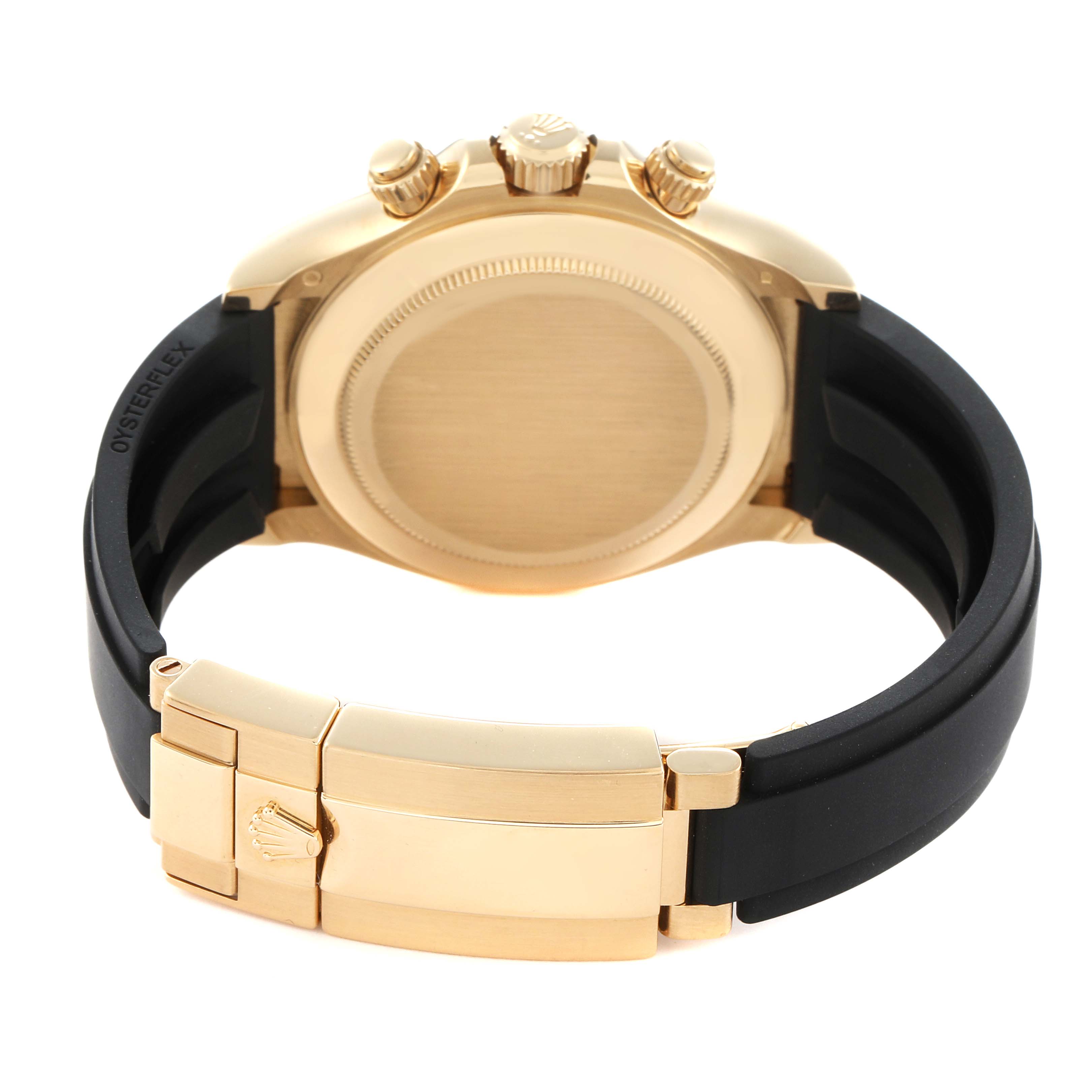 The image shows the back of a Rolex Daytona 73019 Men
s Yellow Gold Champagne Dial, highlighting the case, crown, pushers, and Oysterflex strap with clasp.