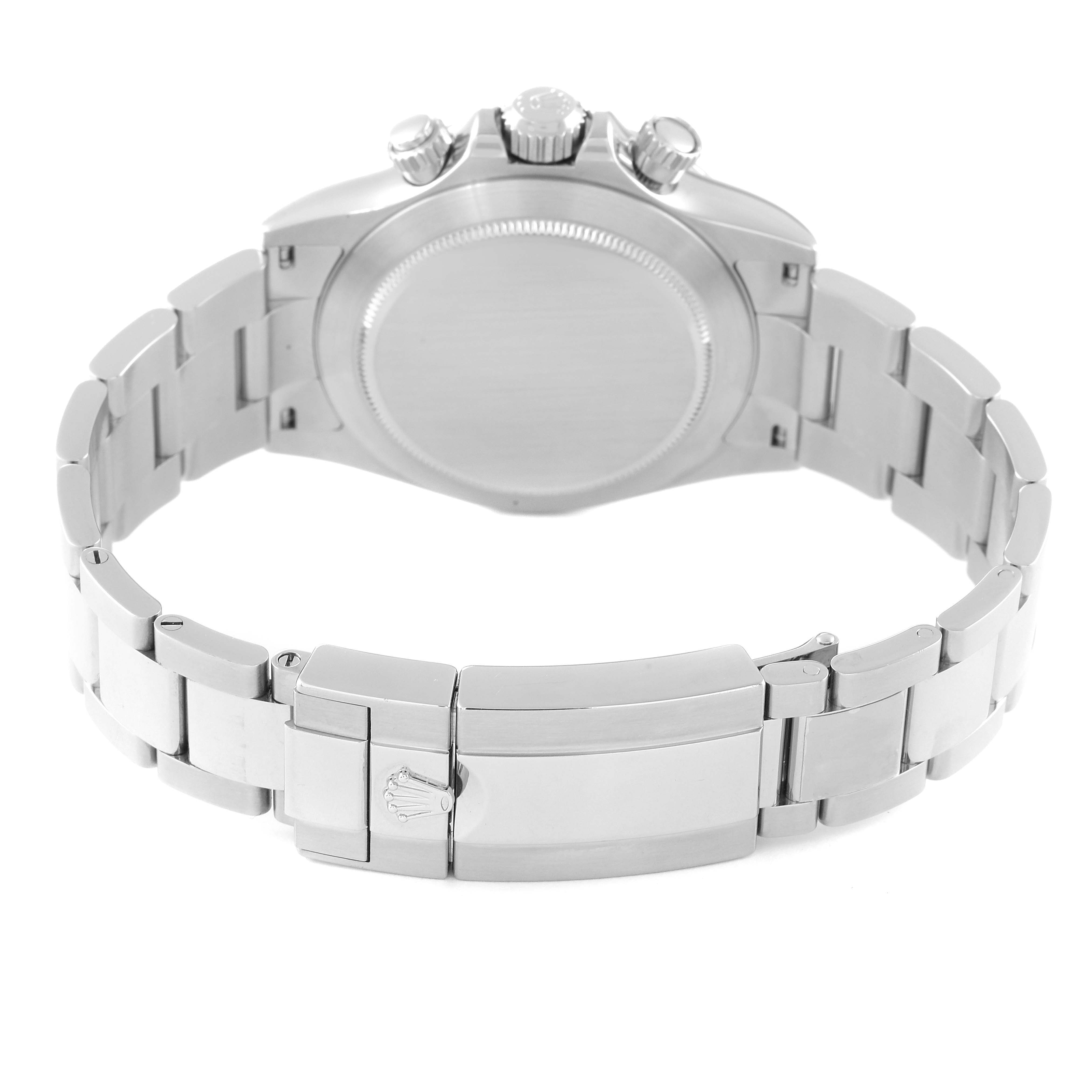 The image shows the back case and clasp of a Rolex Daytona 116520 Men's Stainless Steel White Dial 116520 Men's Stainless Steel White Dial watch, highlighting the bracelet and buckle.