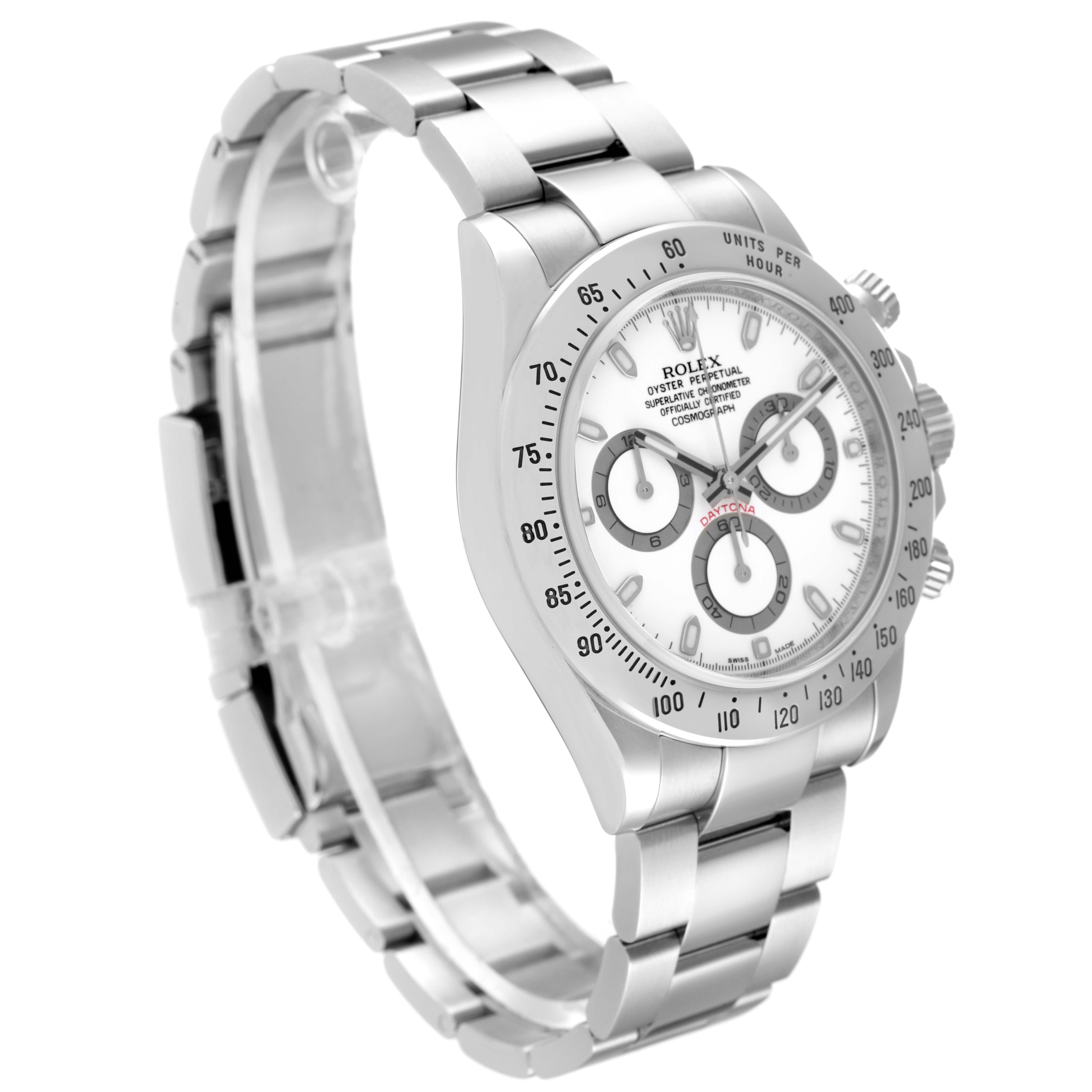 The image displays a three-quarter angle view of a Rolex Daytona 116520 Men's Stainless Steel White Dial 116520 Men's Stainless Steel White Dial watch, emphasizing the face, bezel, and metal bracelet.