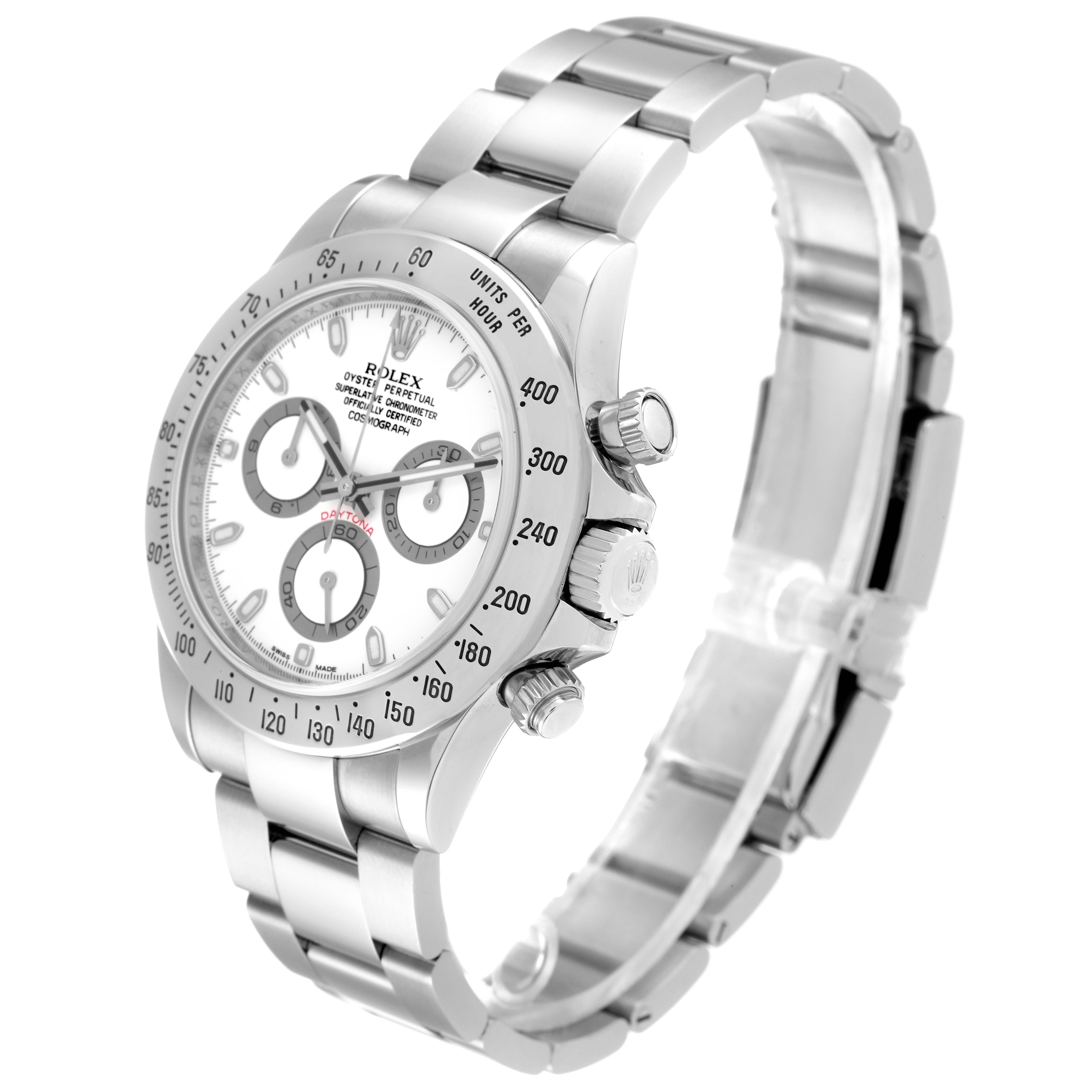 This image shows a Rolex Daytona 116520 Men's Stainless Steel White Dial 116520 Men's Stainless Steel White Dial watch at a slight angle, displaying the face, bezel, and bracelet.