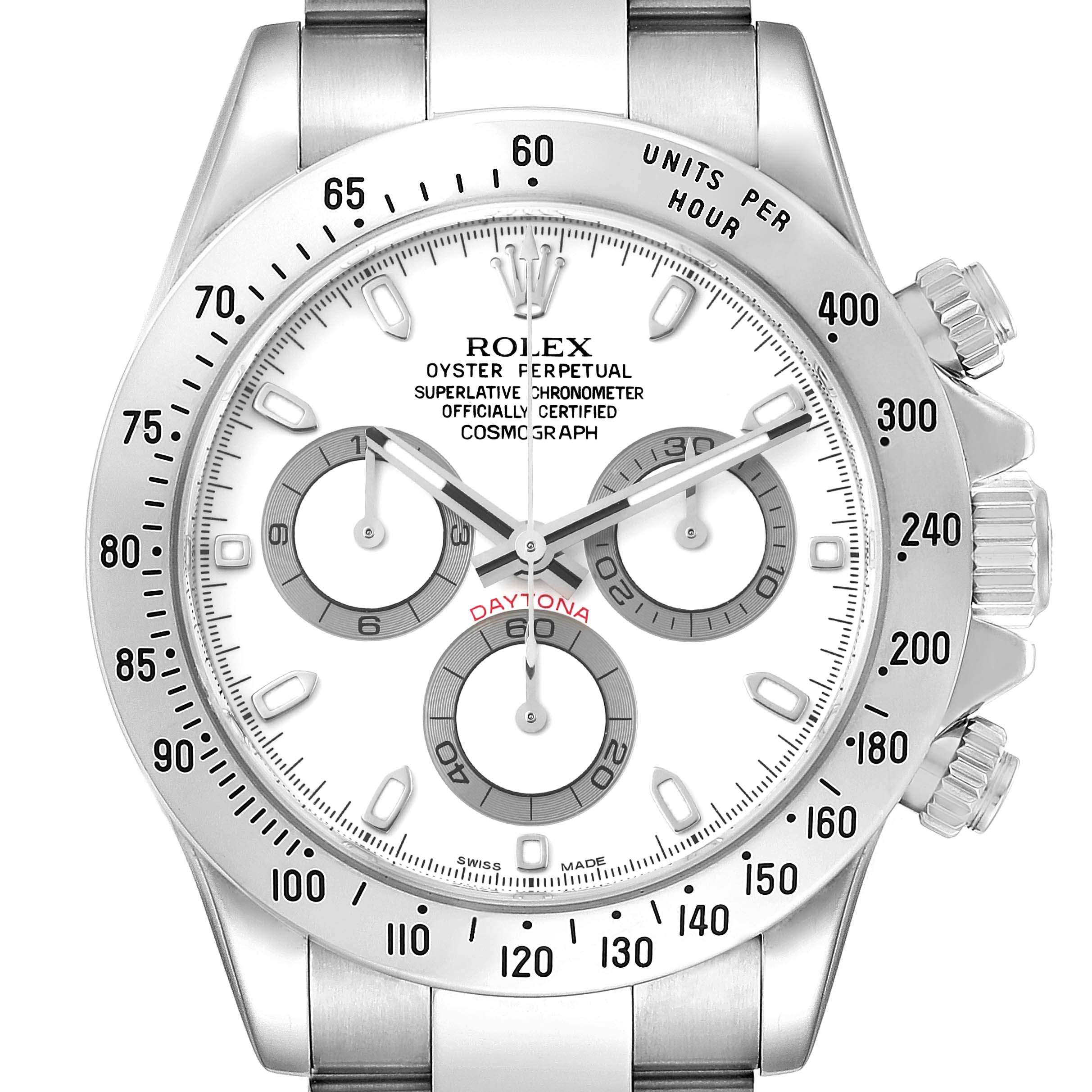 The image shows a front view of the Rolex Daytona 116520 Men's Stainless Steel White Dial 116520 Men's Stainless Steel White Dial watch, highlighting its dial, subdials, bezel, and crown.