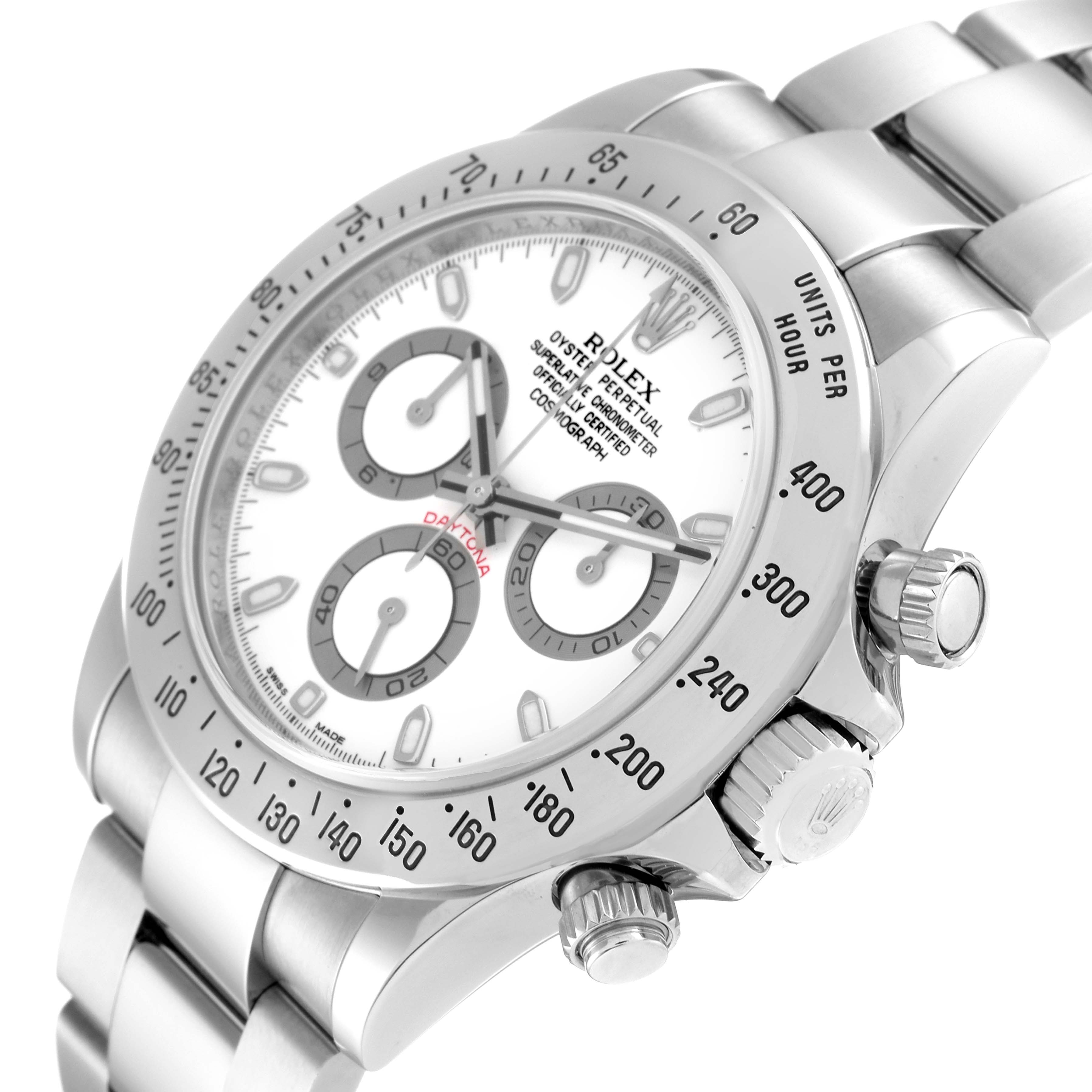 The image shows a partial side angle of a Rolex Daytona 116520 Men's Stainless Steel White Dial 116520 Men's Stainless Steel White Dial watch, focusing on the face, bezel, and crown.