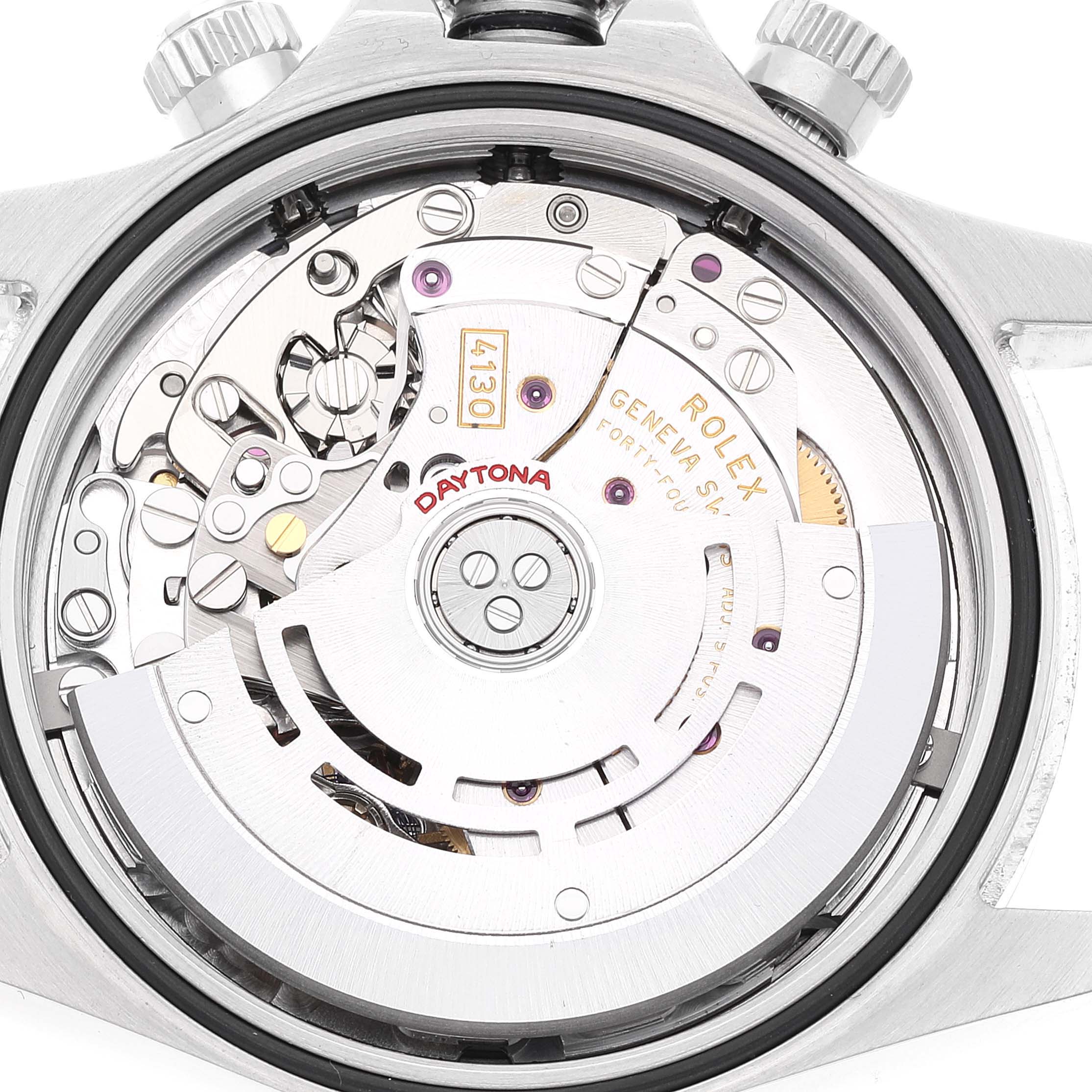 This image shows the movement mechanism of a Rolex Daytona 116520 Men's Stainless Steel White Dial 116520 Men's Stainless Steel White Dial watch from a back view.