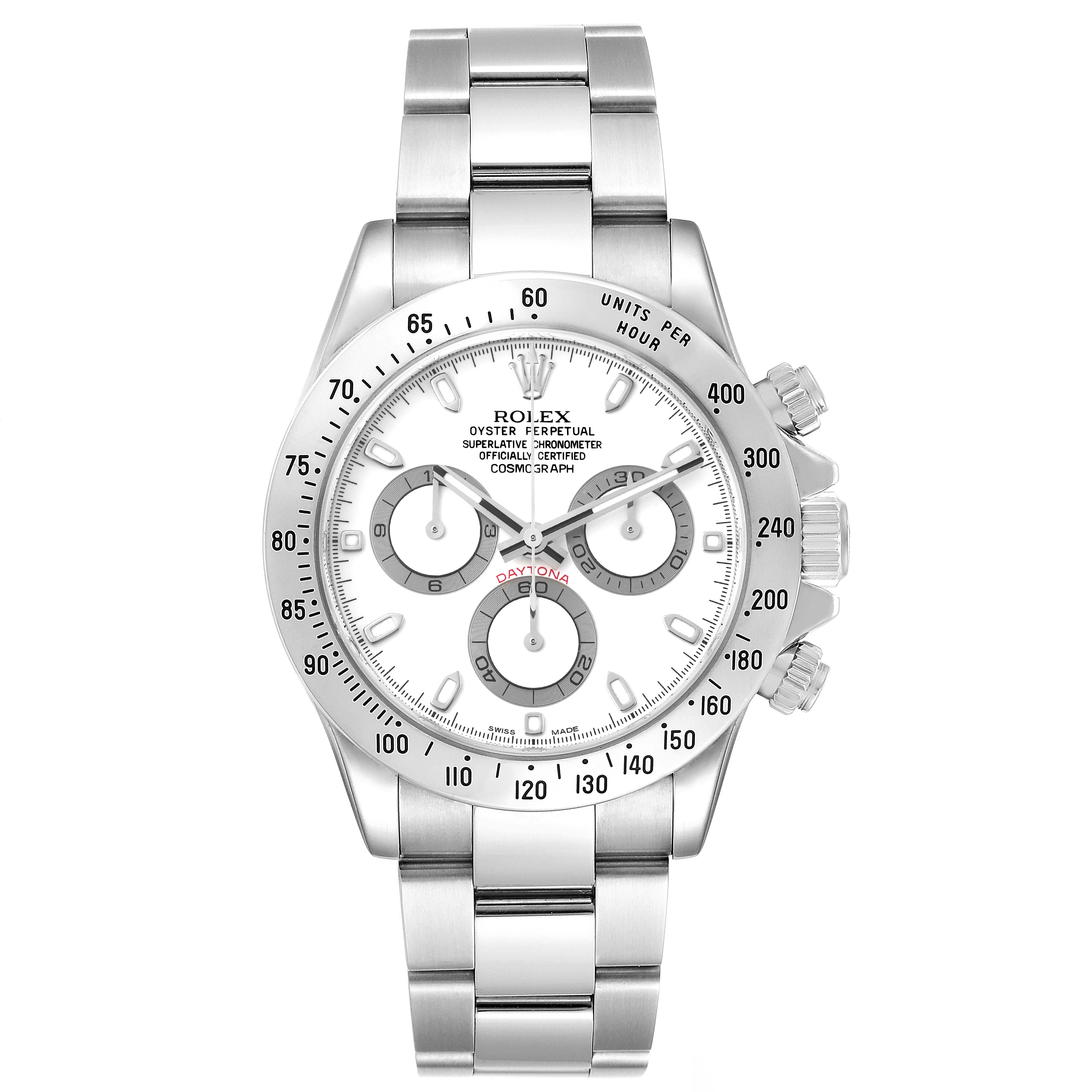The image shows a front view of a Rolex Daytona 116520 Men's Stainless Steel White Dial 116520 Men's Stainless Steel White Dial watch, displaying its detailed dial, bezel, and bracelet.