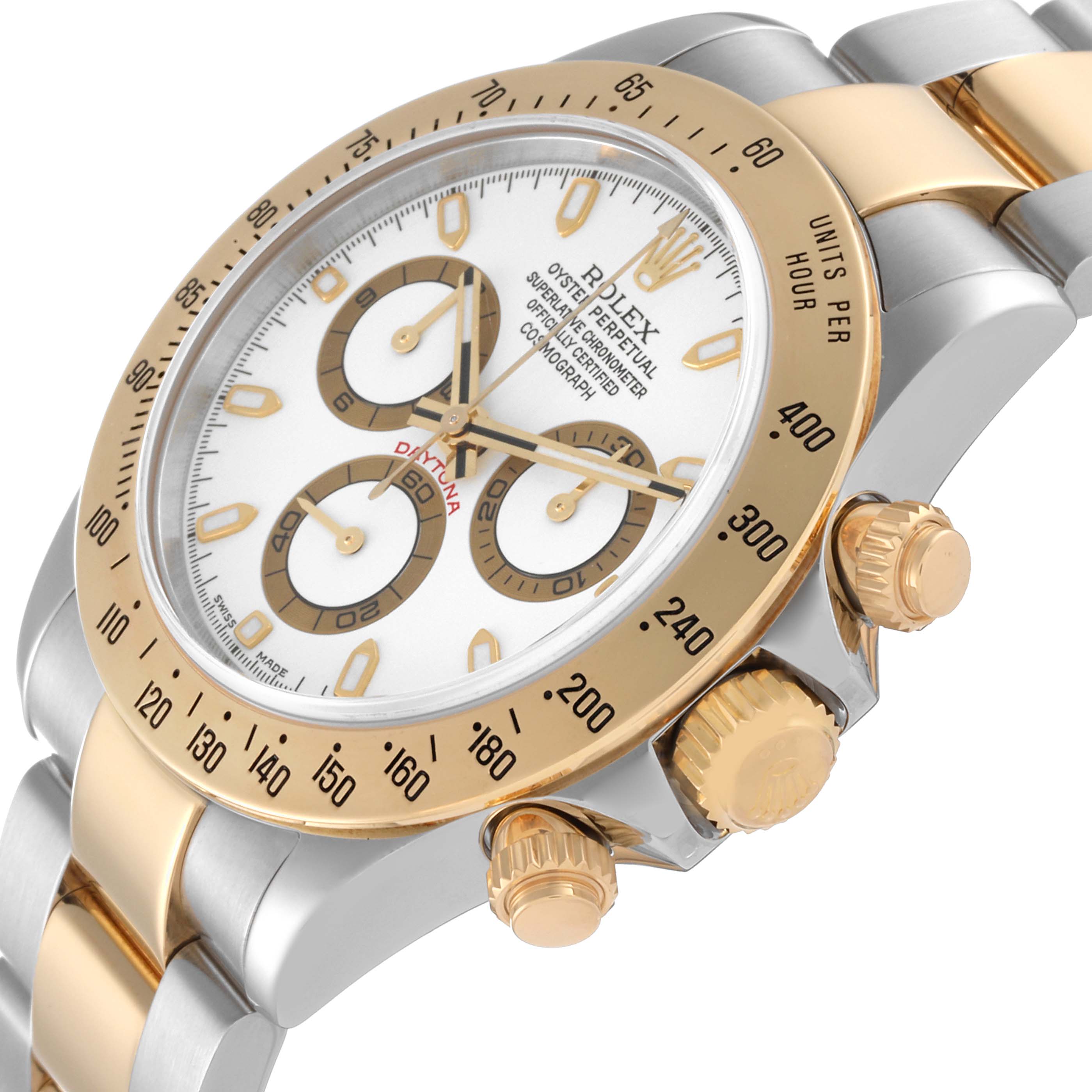 The image shows a close-up angled view of a Rolex Daytona 116523 Men's Steel and Gold (two tone) White Dial 116523 Men's Steel and Gold (two tone) White Dial watch, highlighting the face, bezel, crown, and chronograph pushers.