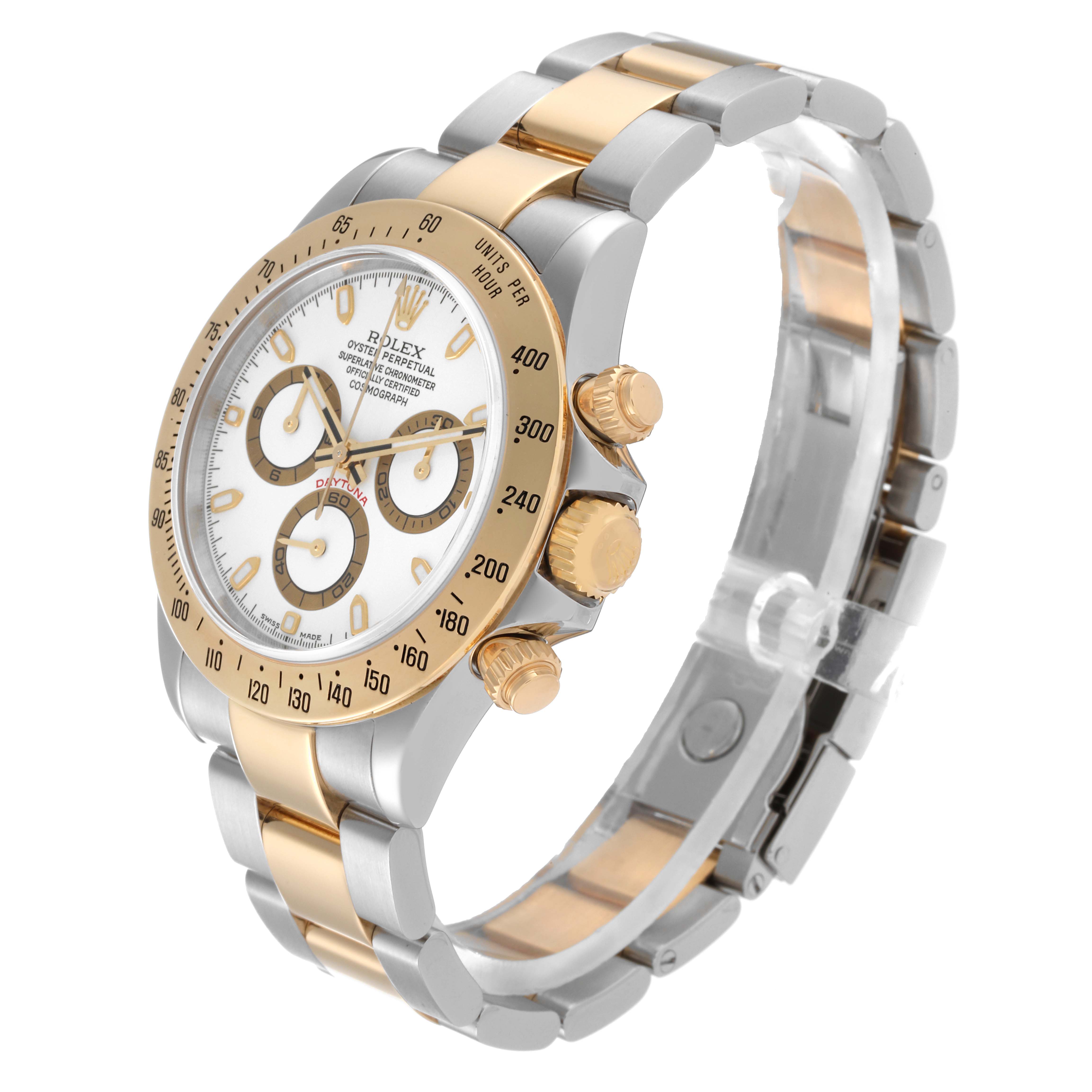 The image shows a side angle of the Rolex Daytona 116523 Men's Steel and Gold (two tone) White Dial 116523 Men's Steel and Gold (two tone) White Dial watch, highlighting the bezel, dial, and two-tone bracelet.