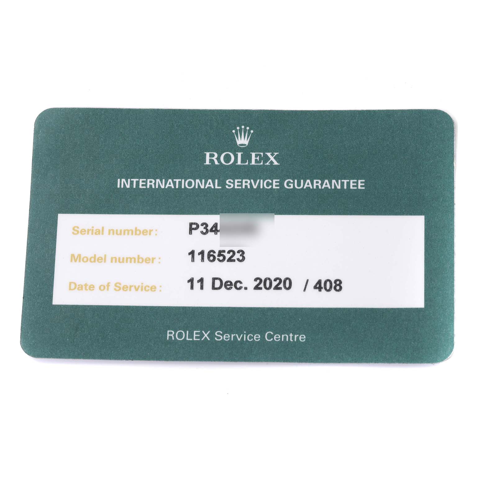 The image shows a Rolex International Service Guarantee card for the Daytona model 116523, dated 11 Dec. 2020.