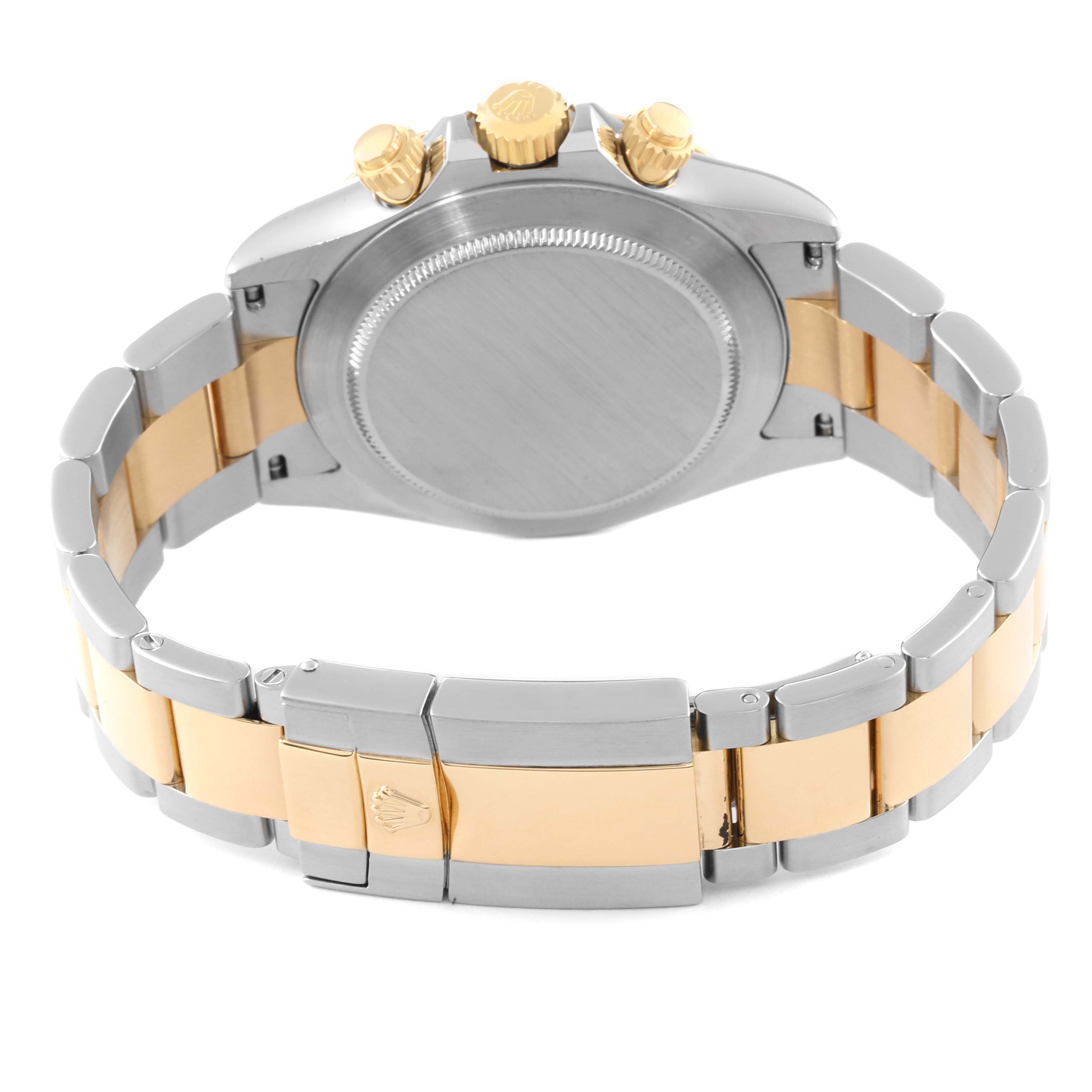 This image shows the back case and bracelet of a Rolex Daytona 116523 Men's Steel and Gold (two tone) White Dial 116523 Men's Steel and Gold (two tone) White Dial watch, emphasizing its dual-tone metal design.