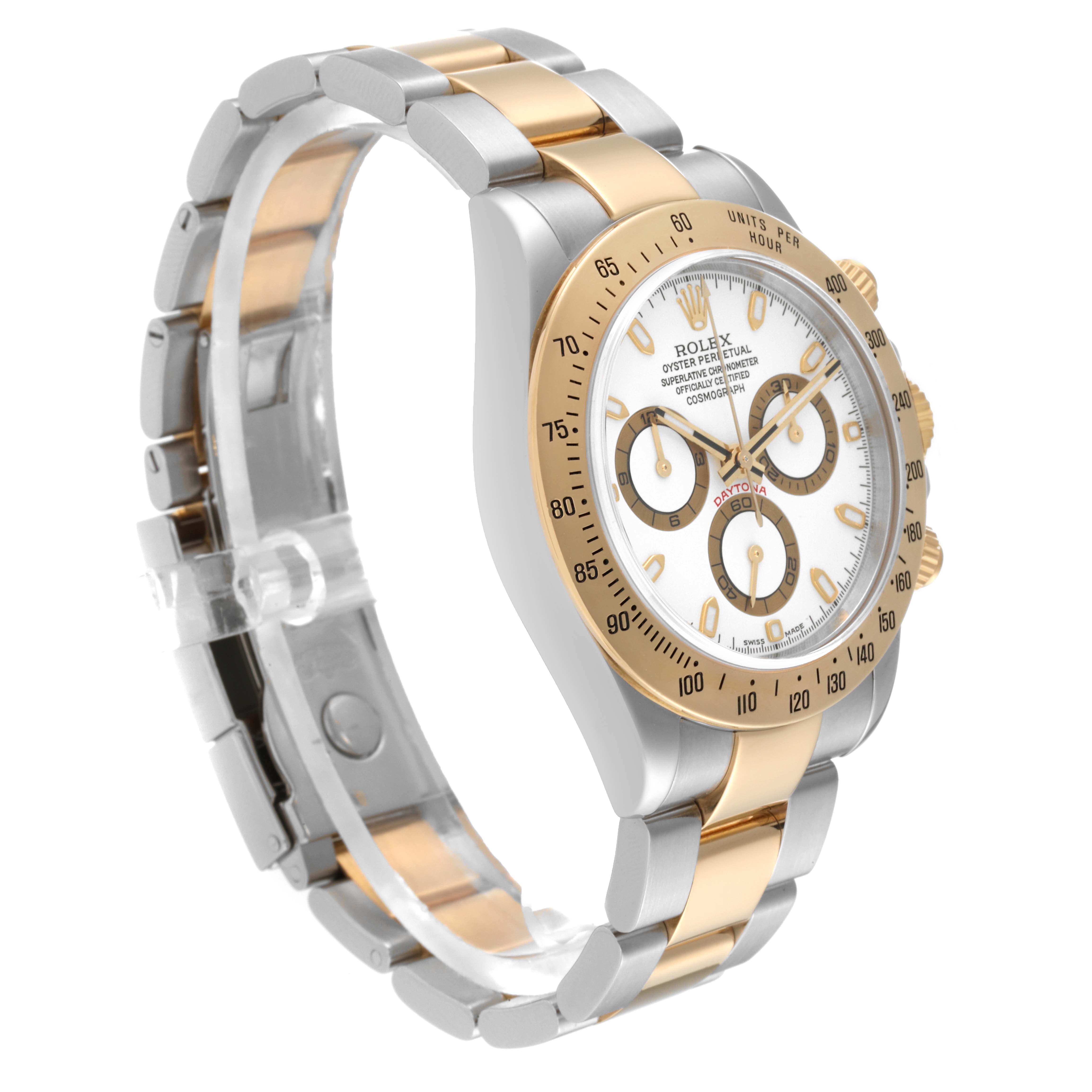 The Rolex Daytona 116523 Men's Steel and Gold (two tone) White Dial 116523 Men's Steel and Gold (two tone) White Dial watch is shown from an angled side view, displaying its bracelet, bezel, and dial.