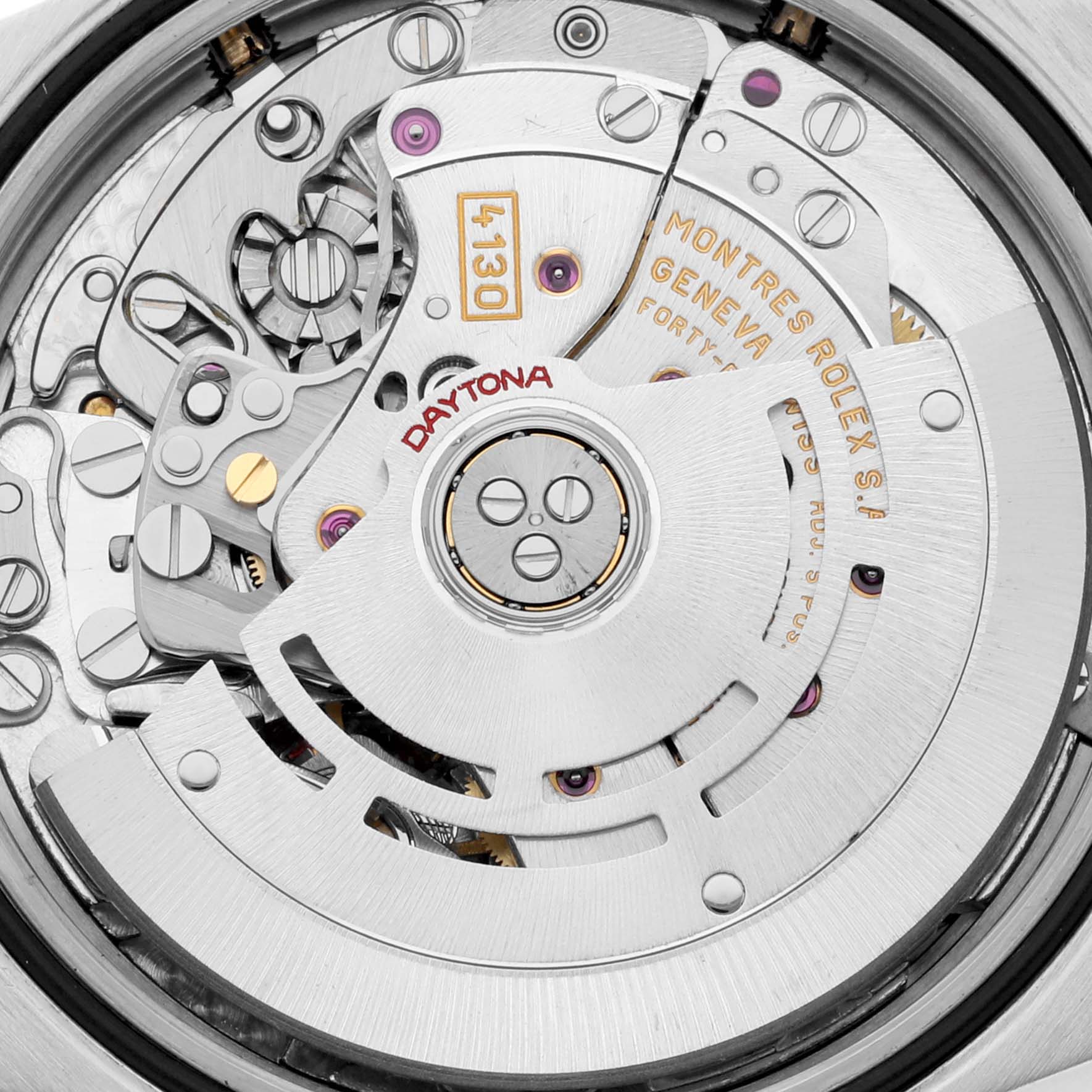 This image shows a close-up view of the internal movement mechanism of the Rolex Daytona 116523 Men's Steel and Gold (two tone) White Dial 116523 Men's Steel and Gold (two tone) White Dial watch.