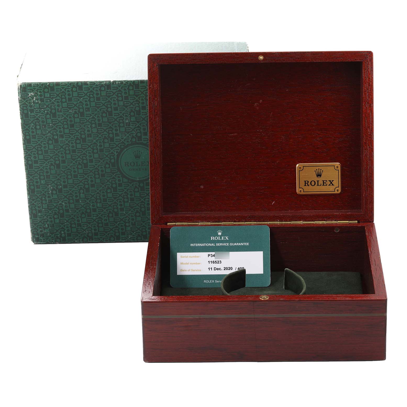The image shows a Rolex Daytona 116523 Men's Steel and Gold (two tone) White Dial 116523 Men's Steel and Gold (two tone) White Dial watch's green service guarantee card within an open wooden Rolex box, with an outer green box visible.
