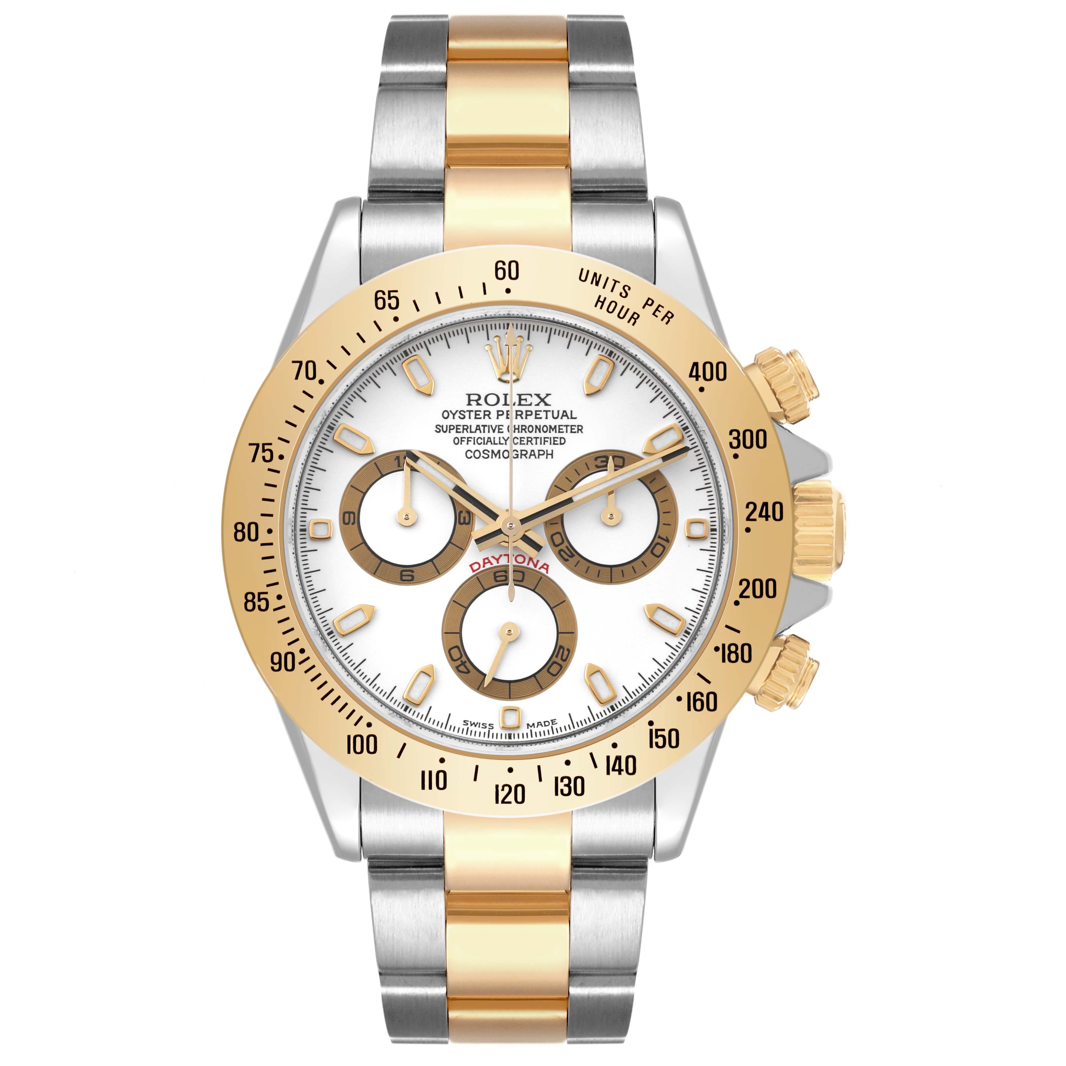 This image shows a Rolex Daytona 116523 Men's Steel and Gold (two tone) White Dial 116523 Men's Steel and Gold (two tone) White Dial watch from a front angle, featuring a white dial, gold bezel, and two-tone metal bracelet.