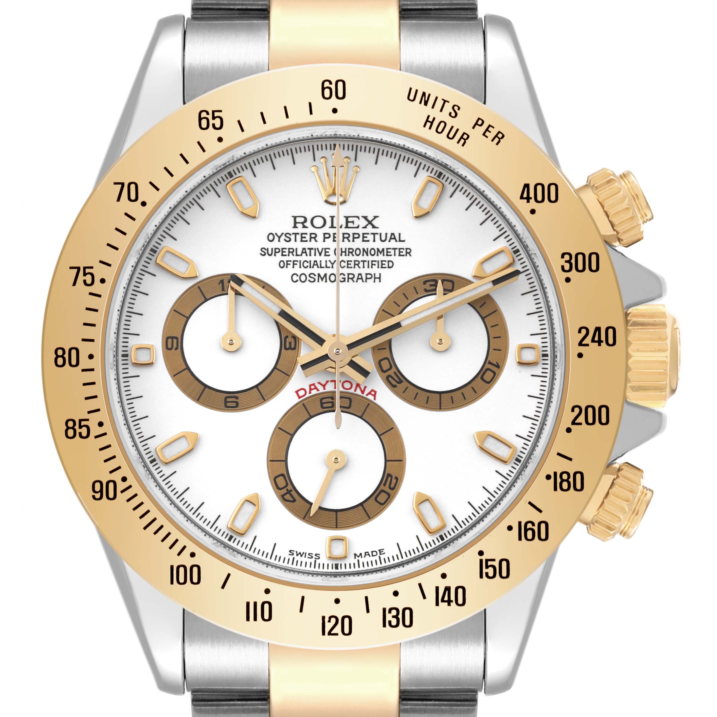 The image shows a front view of a Rolex Daytona 116523 Men's Steel and Gold (two tone) White Dial 116523 Men's Steel and Gold (two tone) White Dial watch, highlighting its dial, bezel, and pushers.