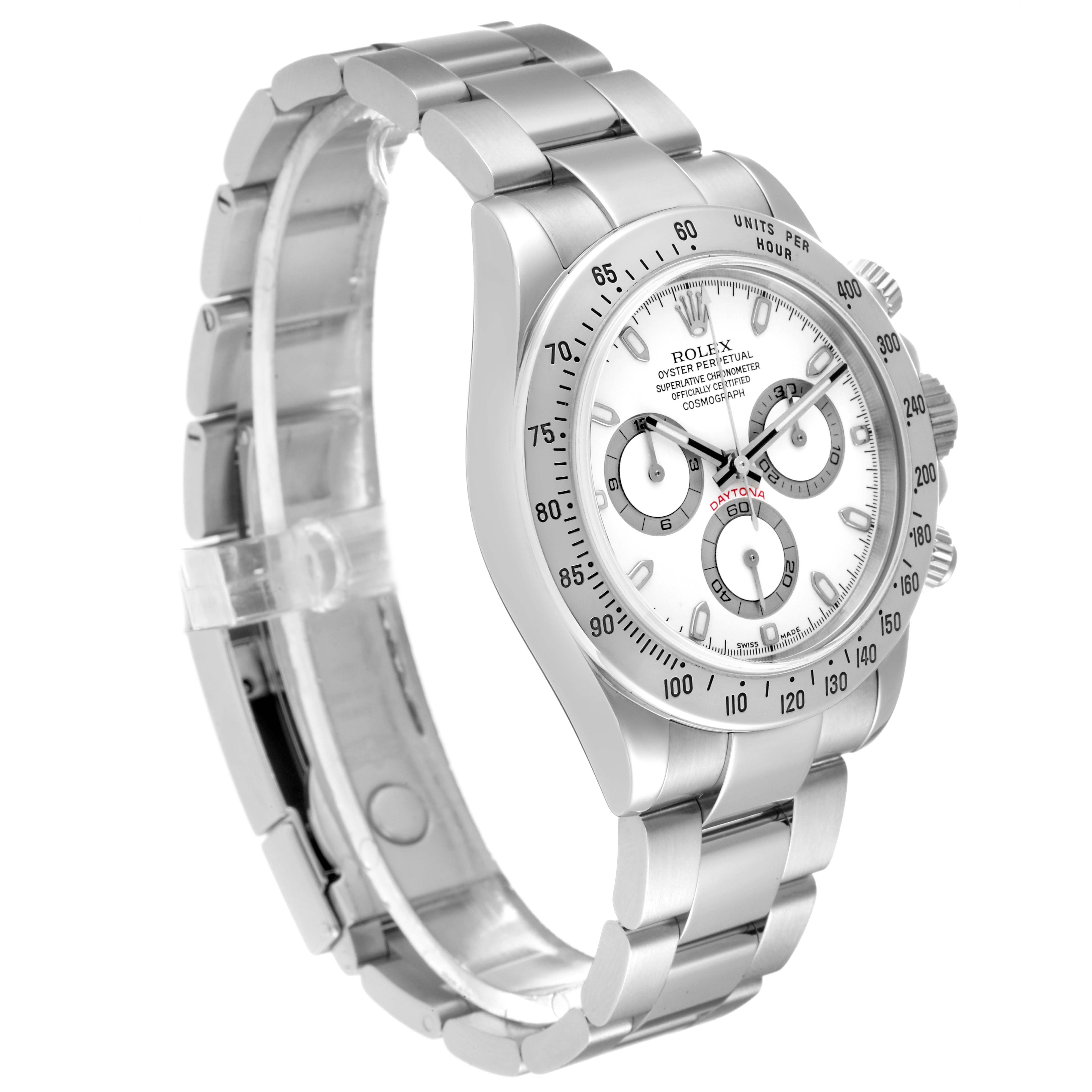 The Rolex Daytona 116520 Men
s Stainless Steel White Dial 116520 Men
s Stainless Steel White Dial watch is shown at a slight angle, highlighting its face, dial, bezel, and stainless steel bracelet.