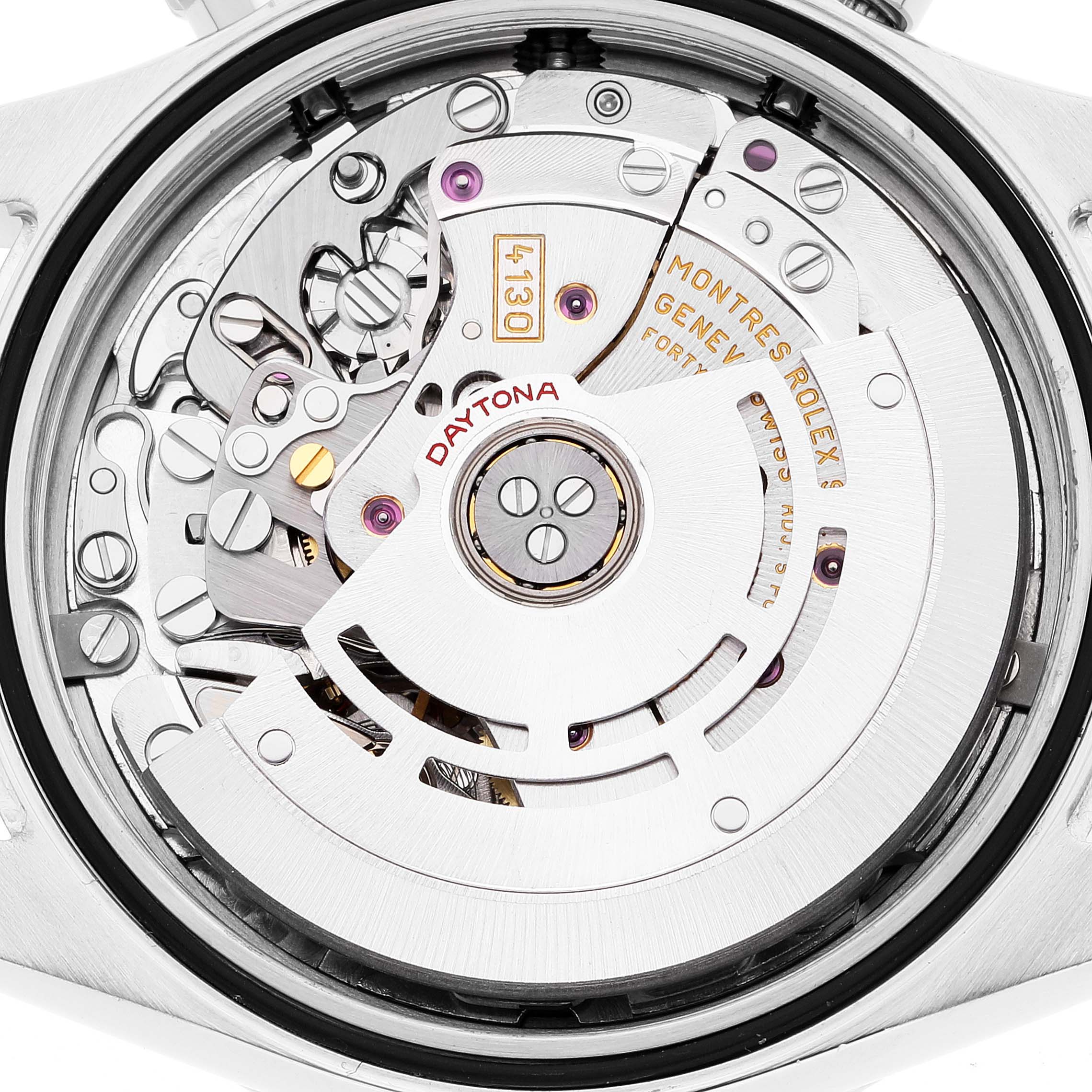 This is a close-up of the movement mechanism of a Rolex Daytona 116520 Men
s Stainless Steel White Dial 116520 Men
s Stainless Steel White Dial watch, showing the intricate internal components.