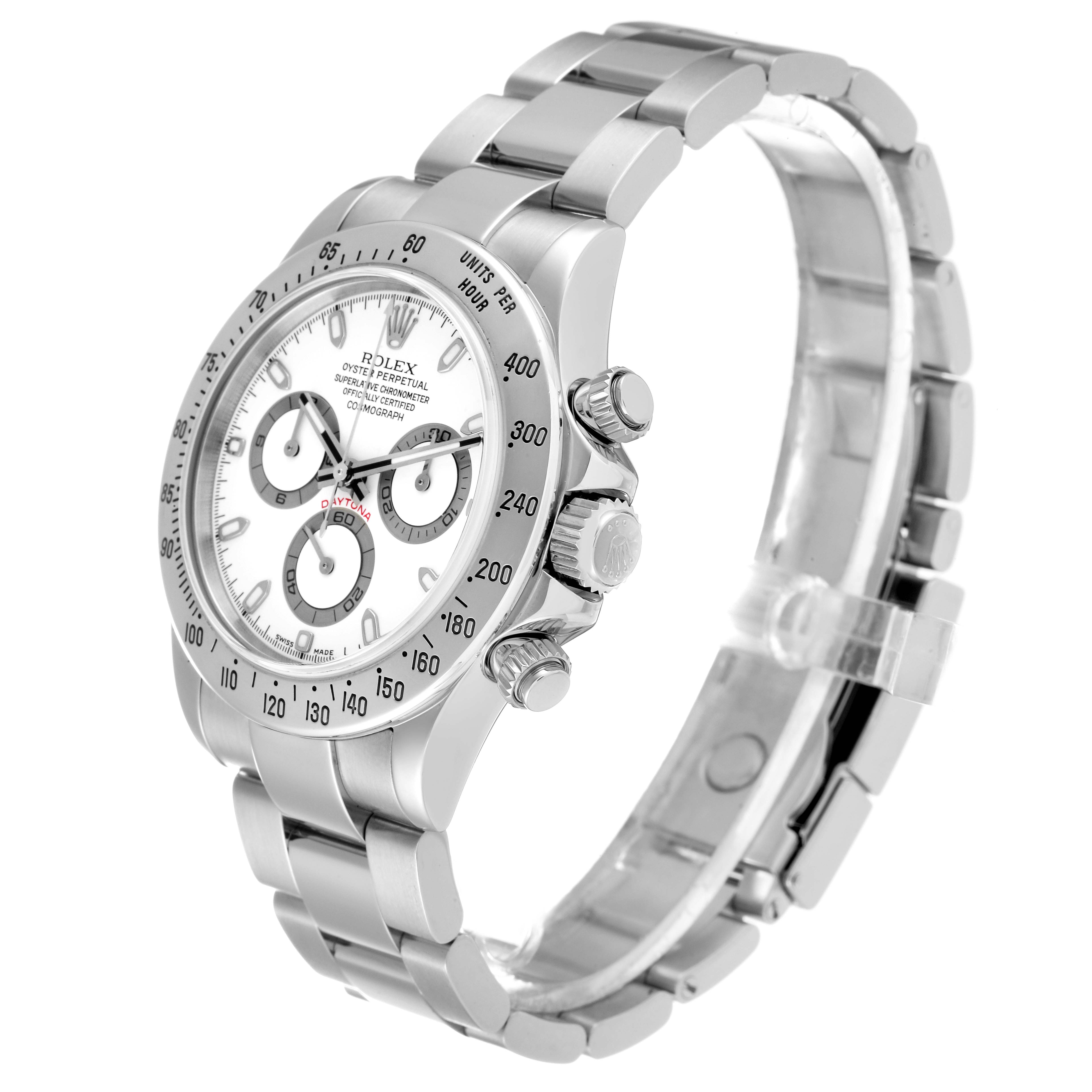 This image shows a side and front angle of a Rolex Daytona 116520 Men
s Stainless Steel White Dial 116520 Men
s Stainless Steel White Dial watch, displaying its dial, bezel, pushers, and bracelet.
