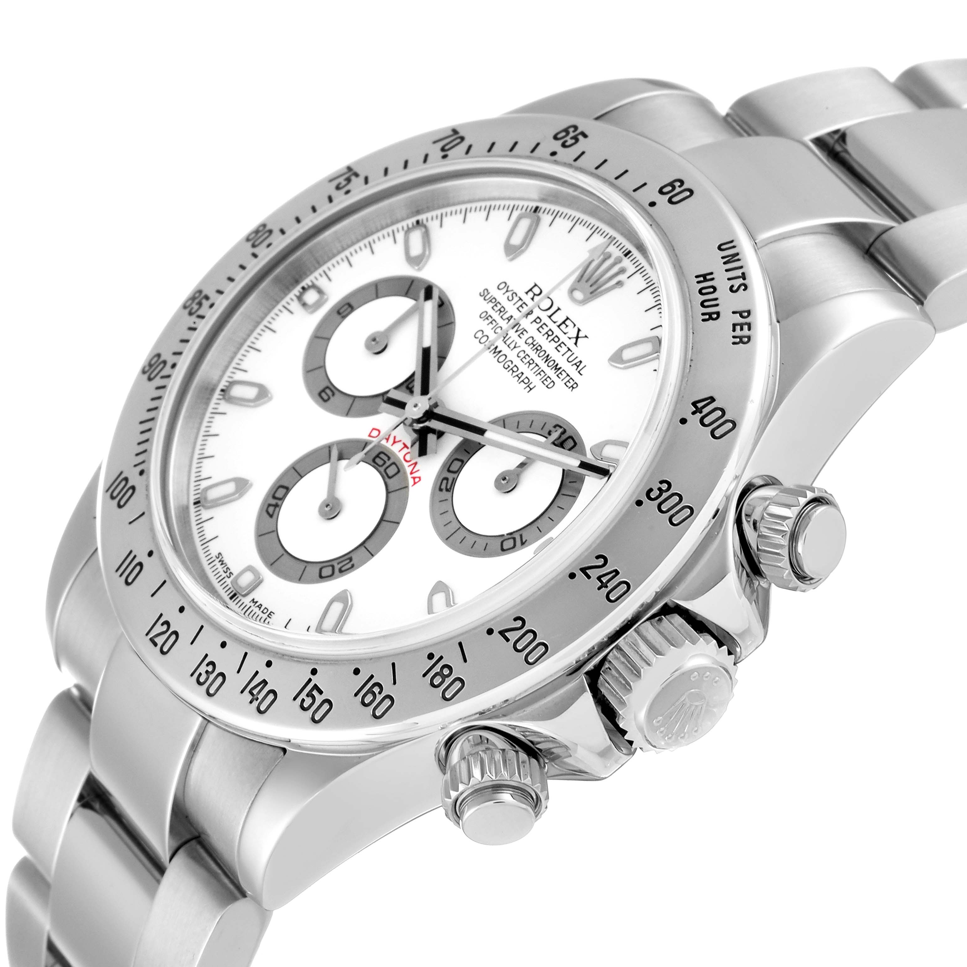 This image shows a side angle of a Rolex Daytona 116520 Men
s Stainless Steel White Dial 116520 Men
s Stainless Steel White Dial watch, highlighting the dial, bezel, and crown.