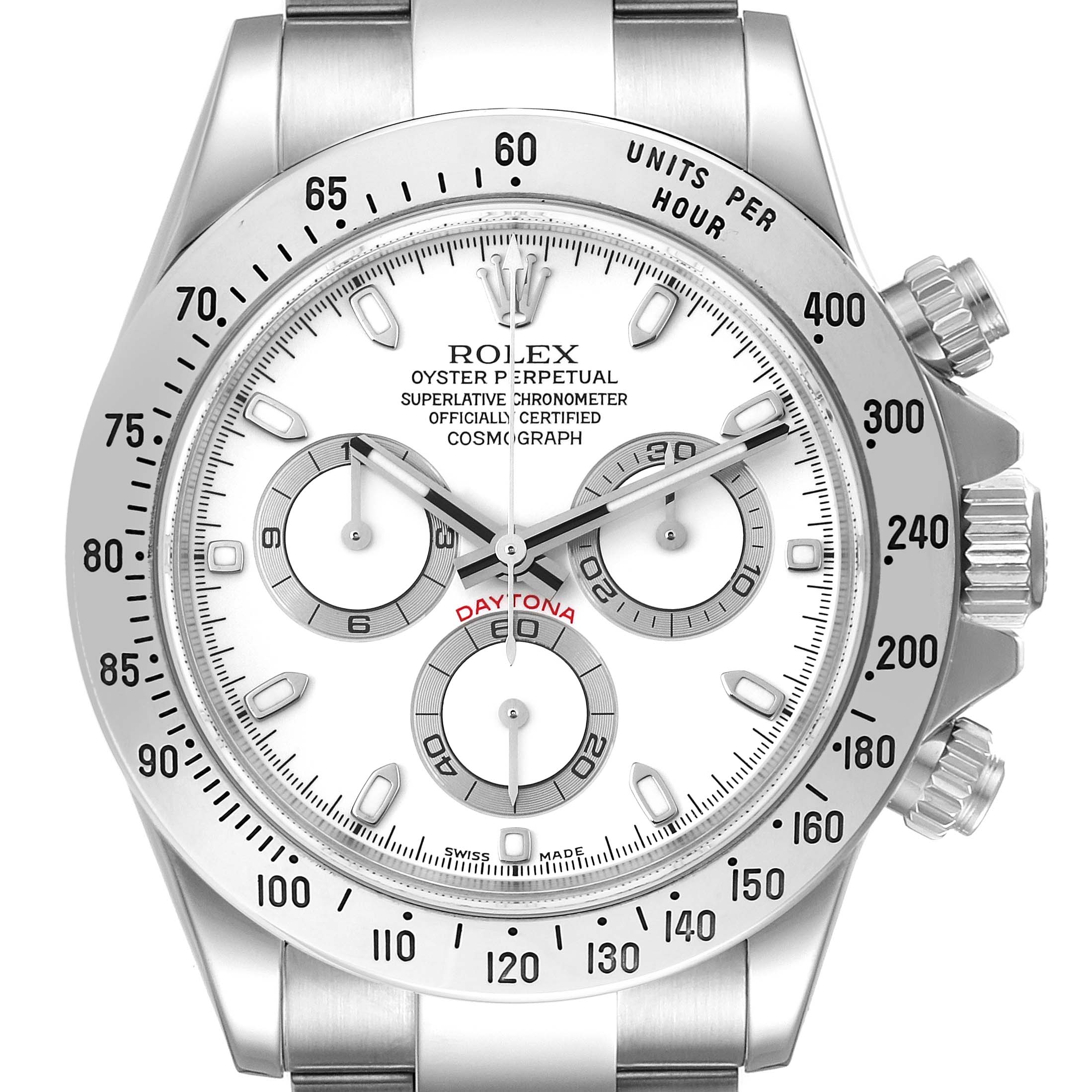The Rolex Daytona 116520 Men
s Stainless Steel White Dial 116520 Men
s Stainless Steel White Dial watch is shown from a front angle, highlighting the dial, bezel, pushers, and crown.
