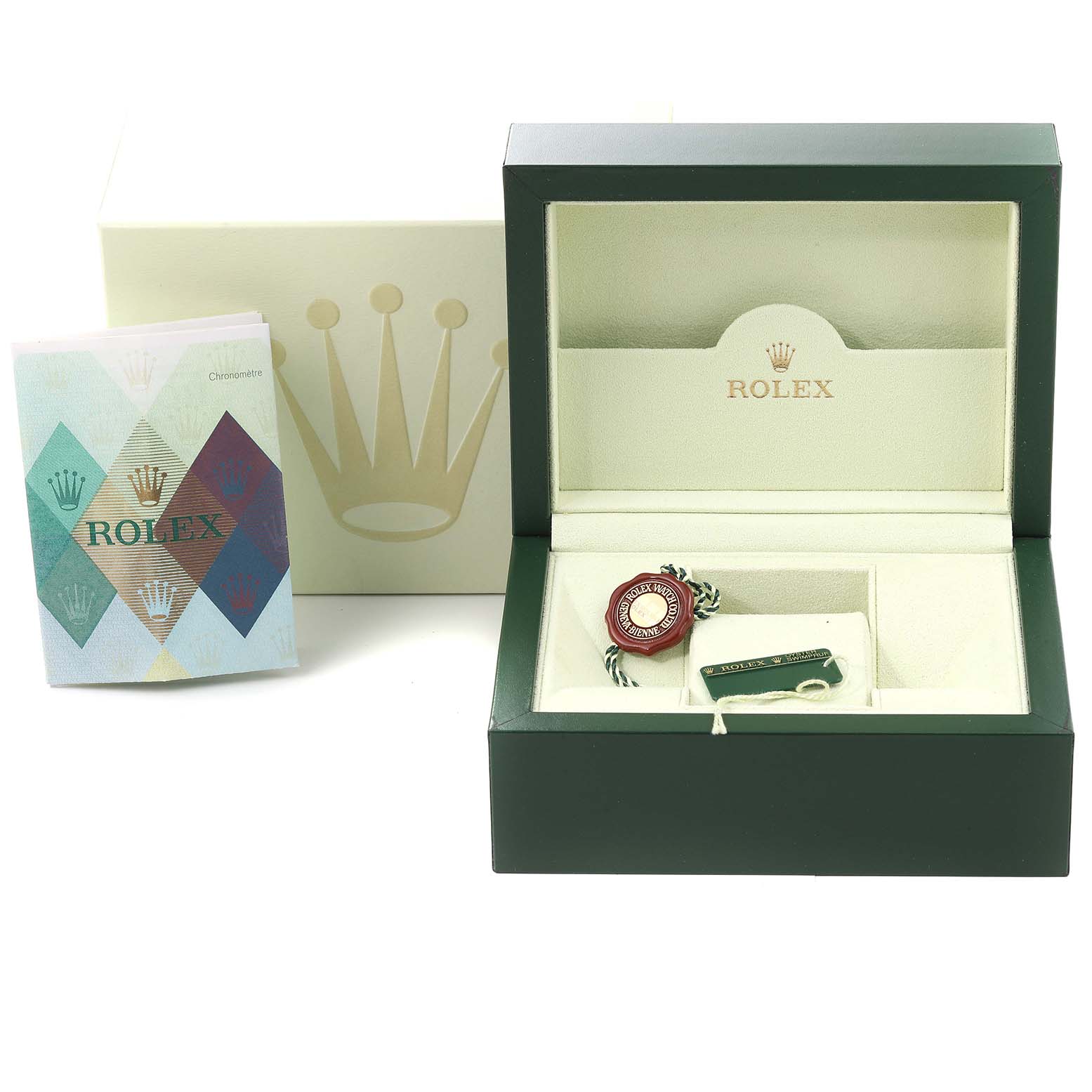 The image shows the box, tags, and documentation for a Rolex Daytona 116520 Men
s Stainless Steel White Dial 116520 Men
s Stainless Steel White Dial watch.