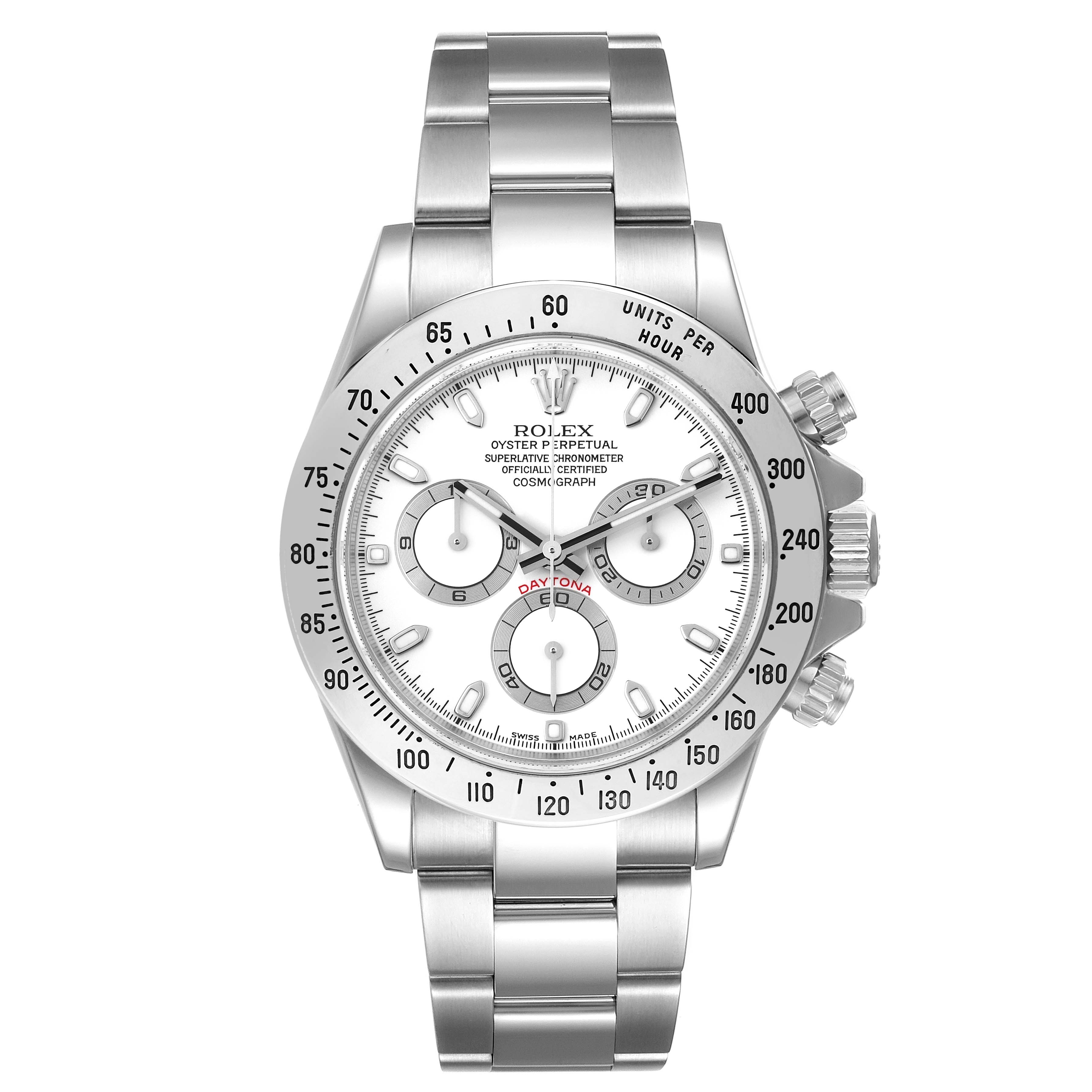 The image shows a front view of a Rolex Daytona 116520 Men
s Stainless Steel White Dial 116520 Men
s Stainless Steel White Dial watch, featuring its dial, bezel, and bracelet.