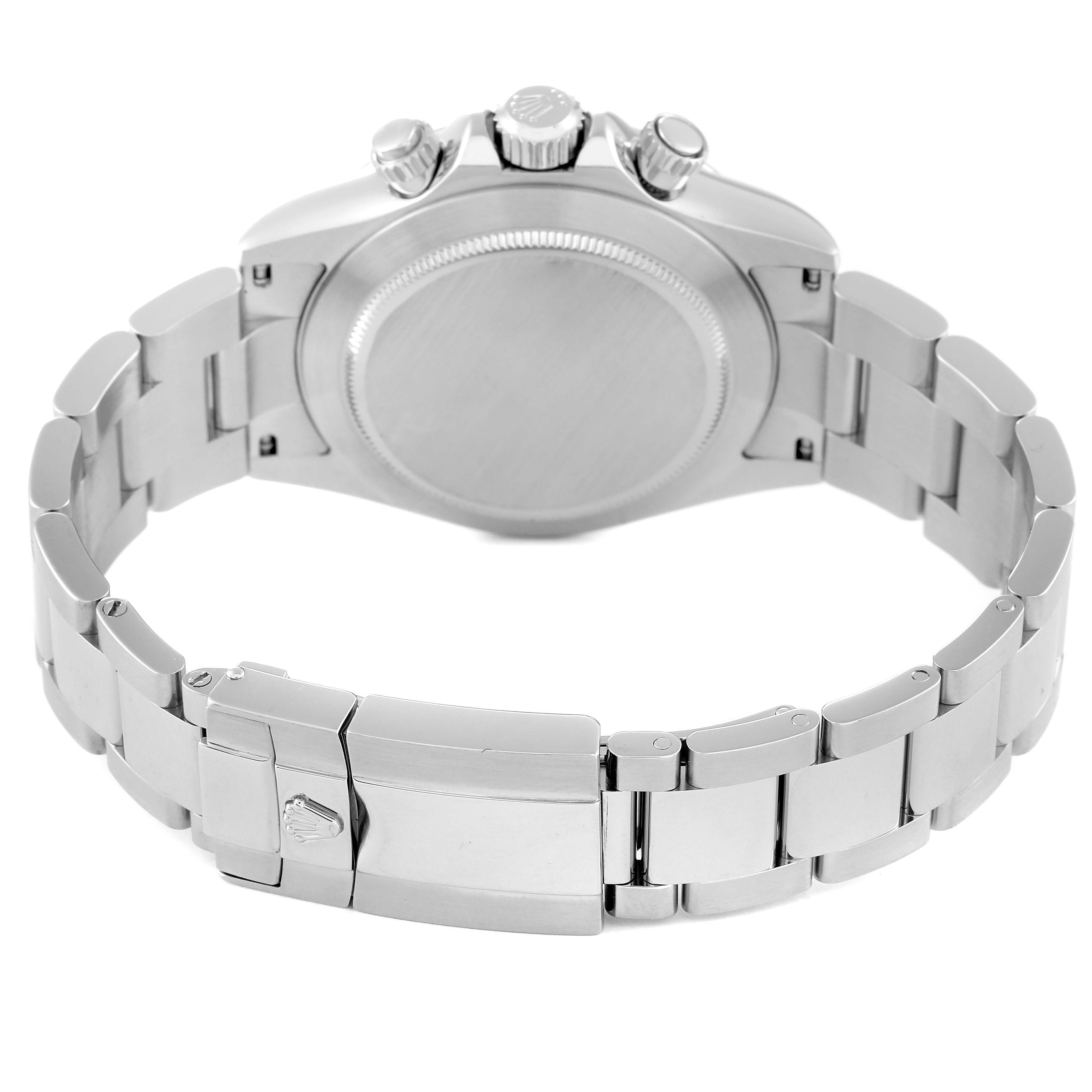 The image displays the back view of a Rolex Daytona 116520 Men
s Stainless Steel White Dial 116520 Men
s Stainless Steel White Dial watch, showcasing its stainless steel bracelet and clasp.