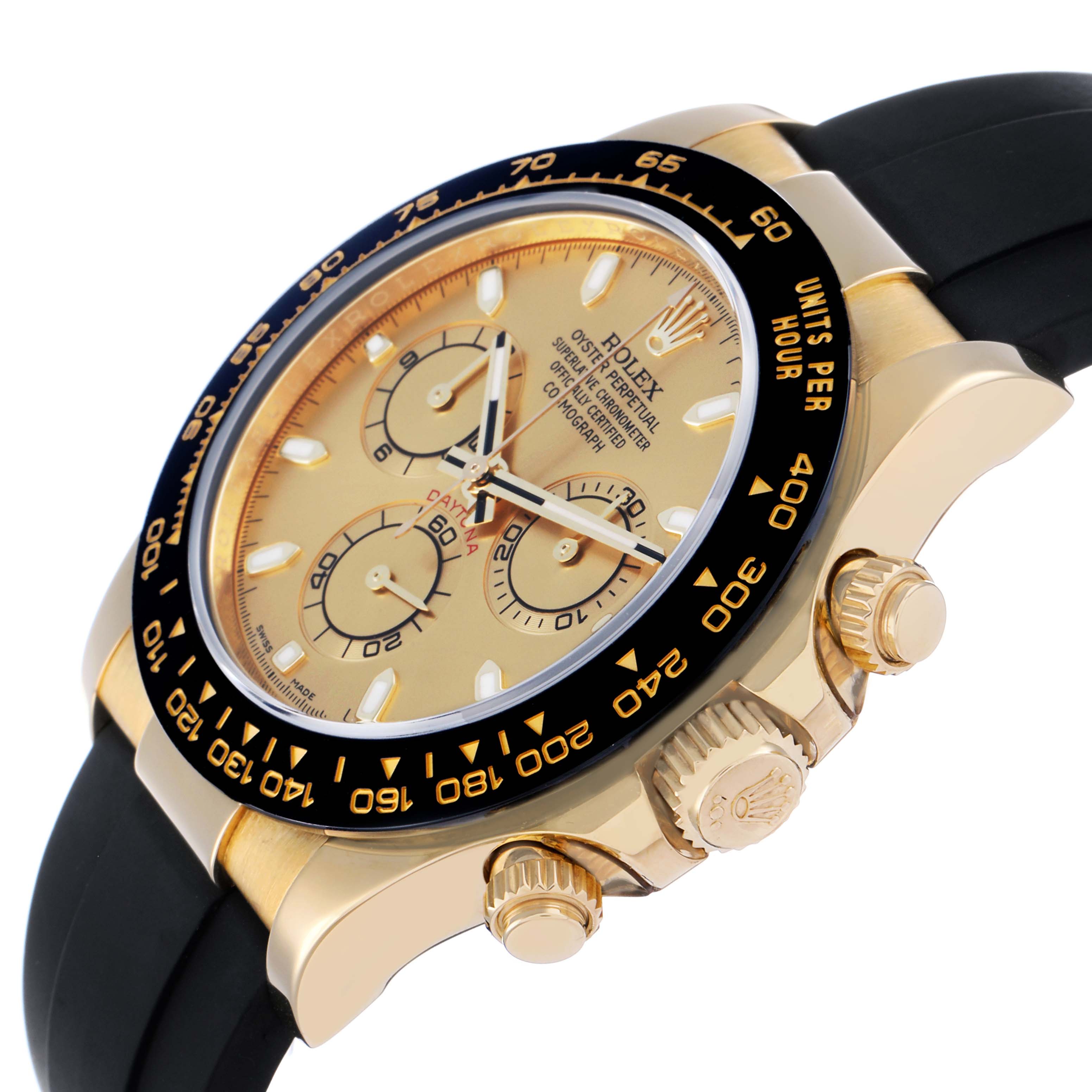 The Rolex Daytona 116518LN Men
s Yellow Gold Champagne Dial watch is shown at a slight angle, displaying the face, bezel, pushers, and crown.