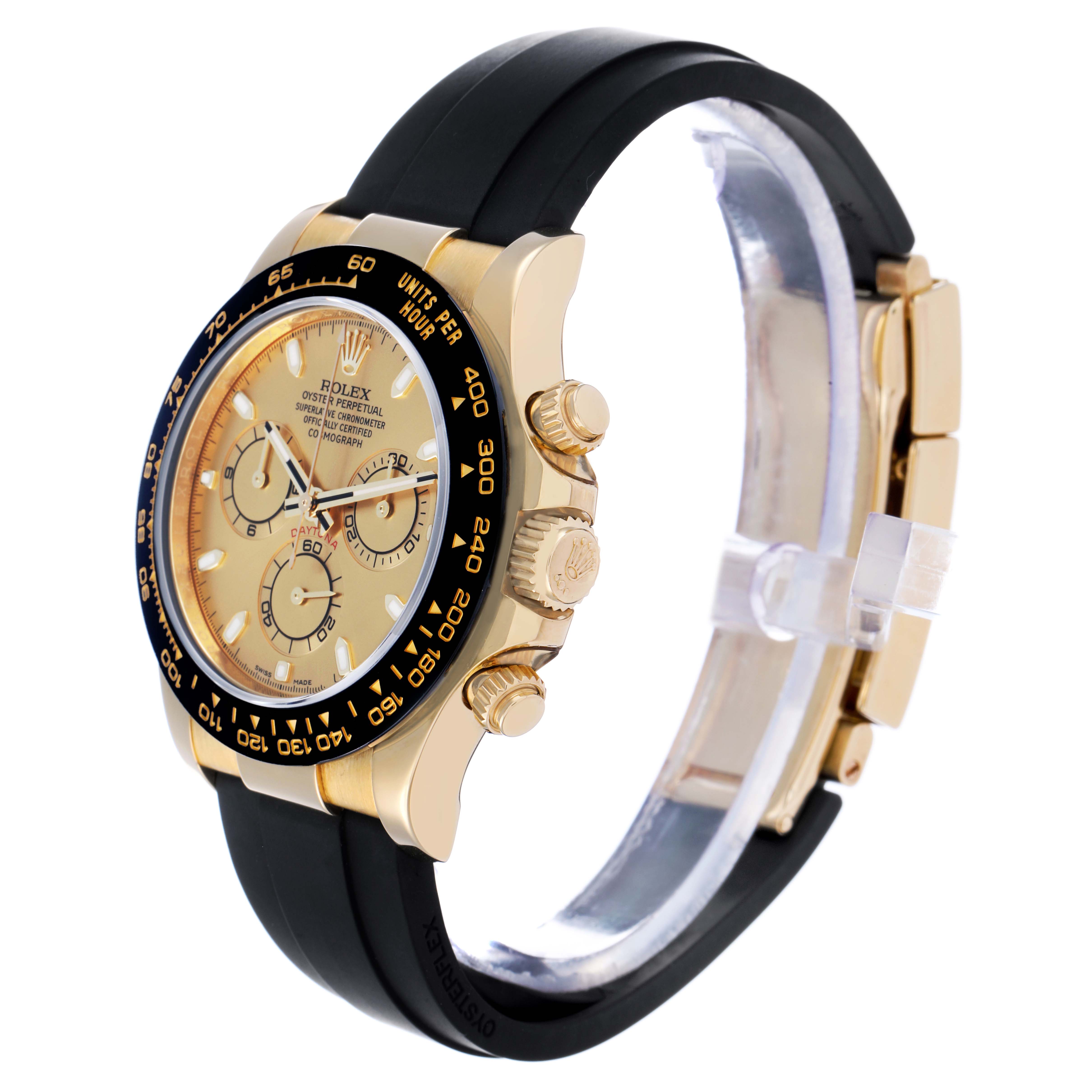 The Rolex Daytona 116518LN Men
s Yellow Gold Champagne Dial watch is shown from a side angle, highlighting the crown, pushers, and part of the black strap.