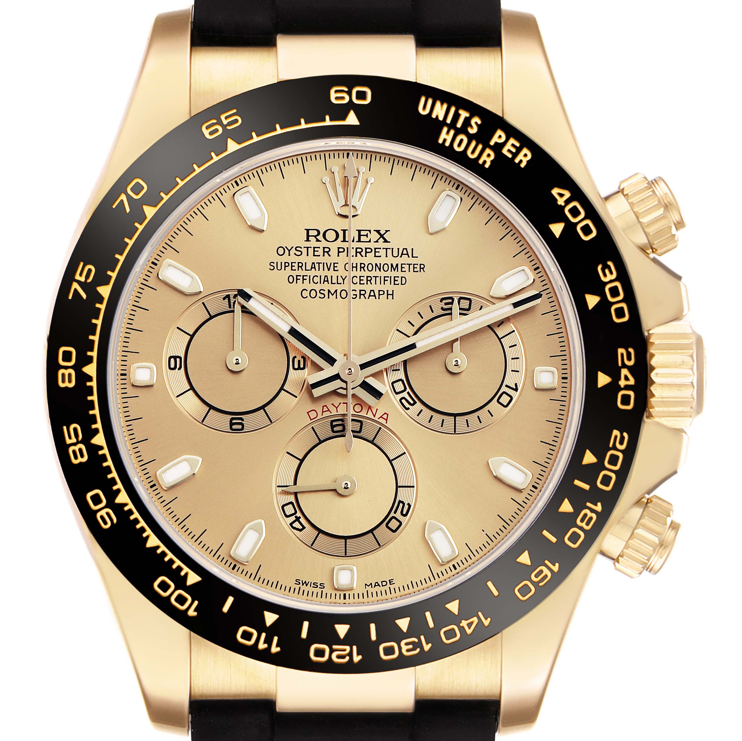 The Rolex Daytona 116518LN Men
s Yellow Gold Champagne Dial watch is shown from a front angle, highlighting the dial, bezel, and subdials.