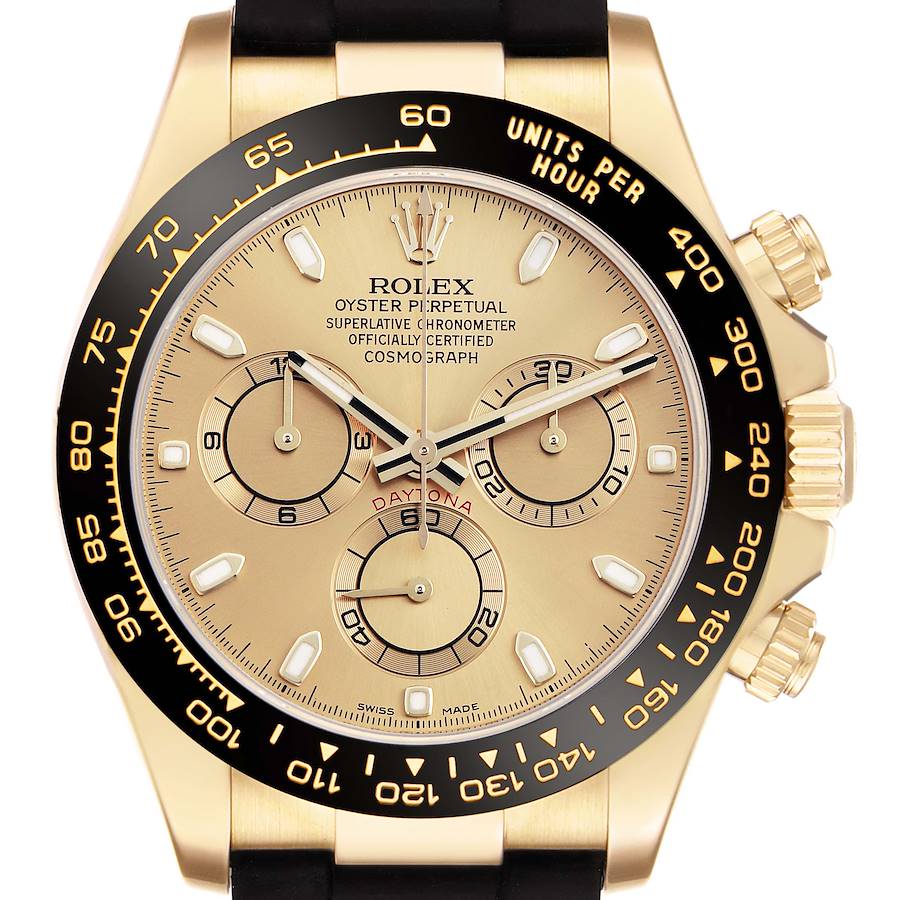 The Rolex Daytona 116518LN Men's Yellow Gold Champagne Dial watch is shown from a front angle, highlighting the dial, bezel, and subdials.