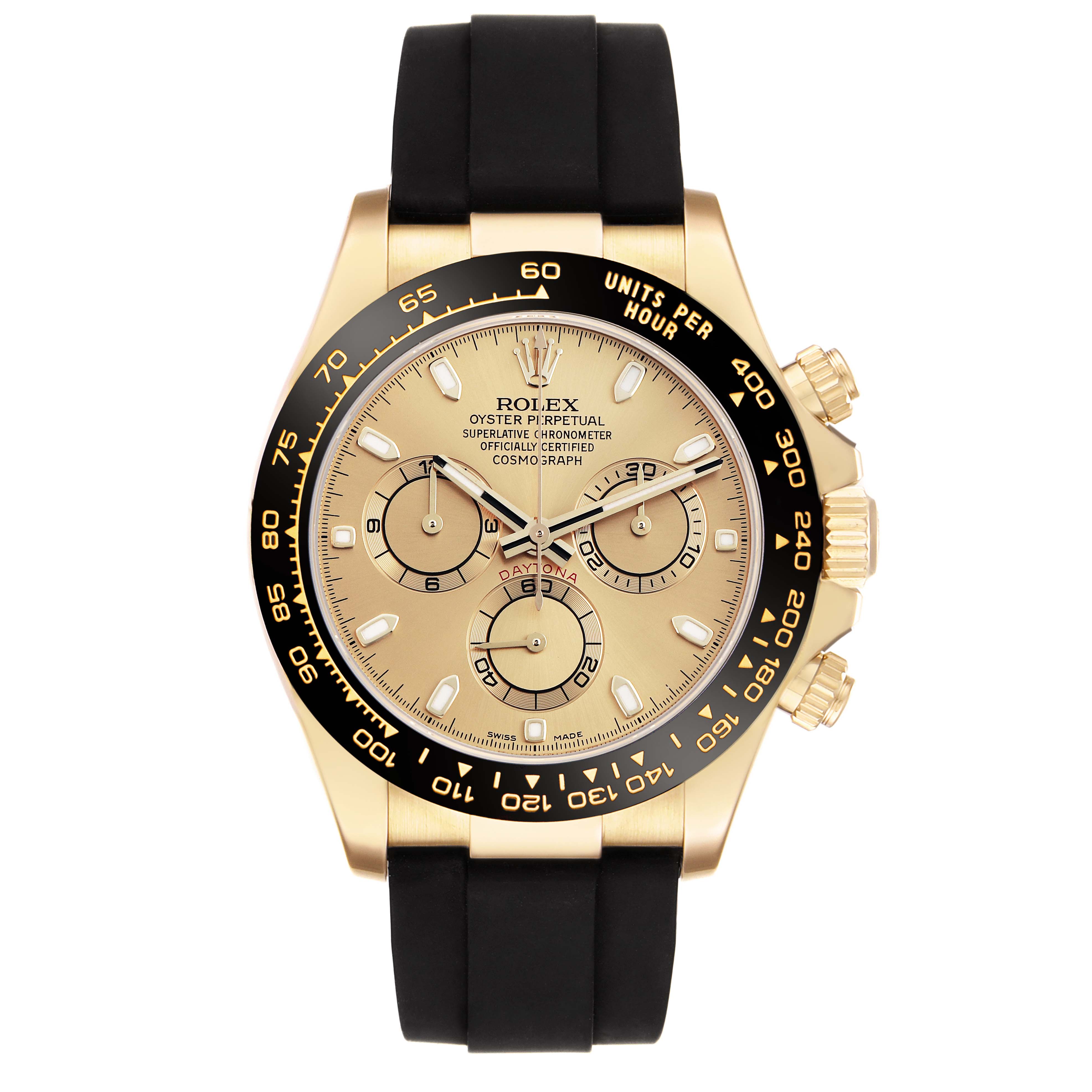The Rolex Daytona 116518LN Men
s Yellow Gold Champagne Dial is shown from a front view, displaying the dial, bezel, case, and strap.