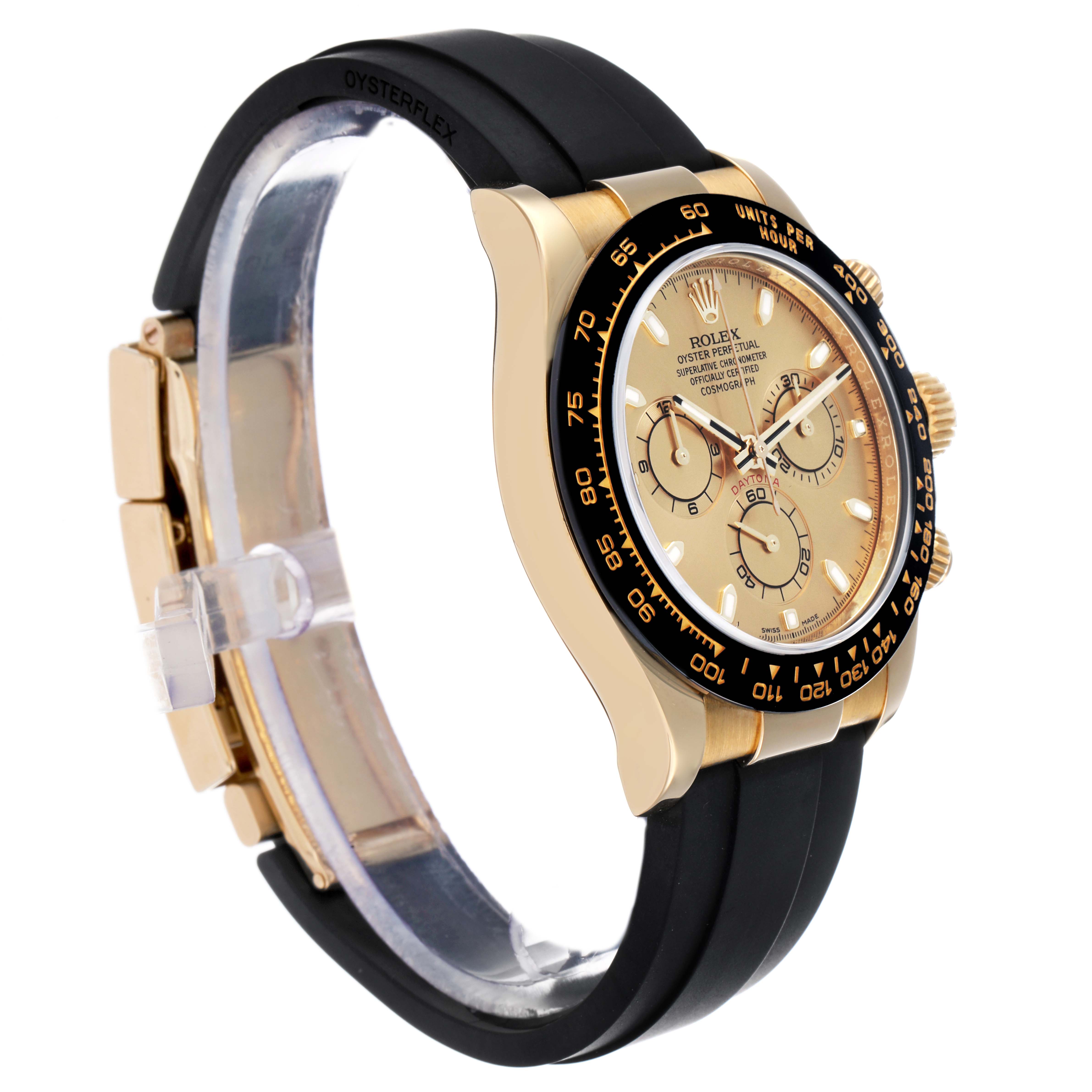 The Rolex Daytona 116518LN Men
s Yellow Gold Champagne Dial watch is shown from a side angle, highlighting the face, bezel, and black strap.