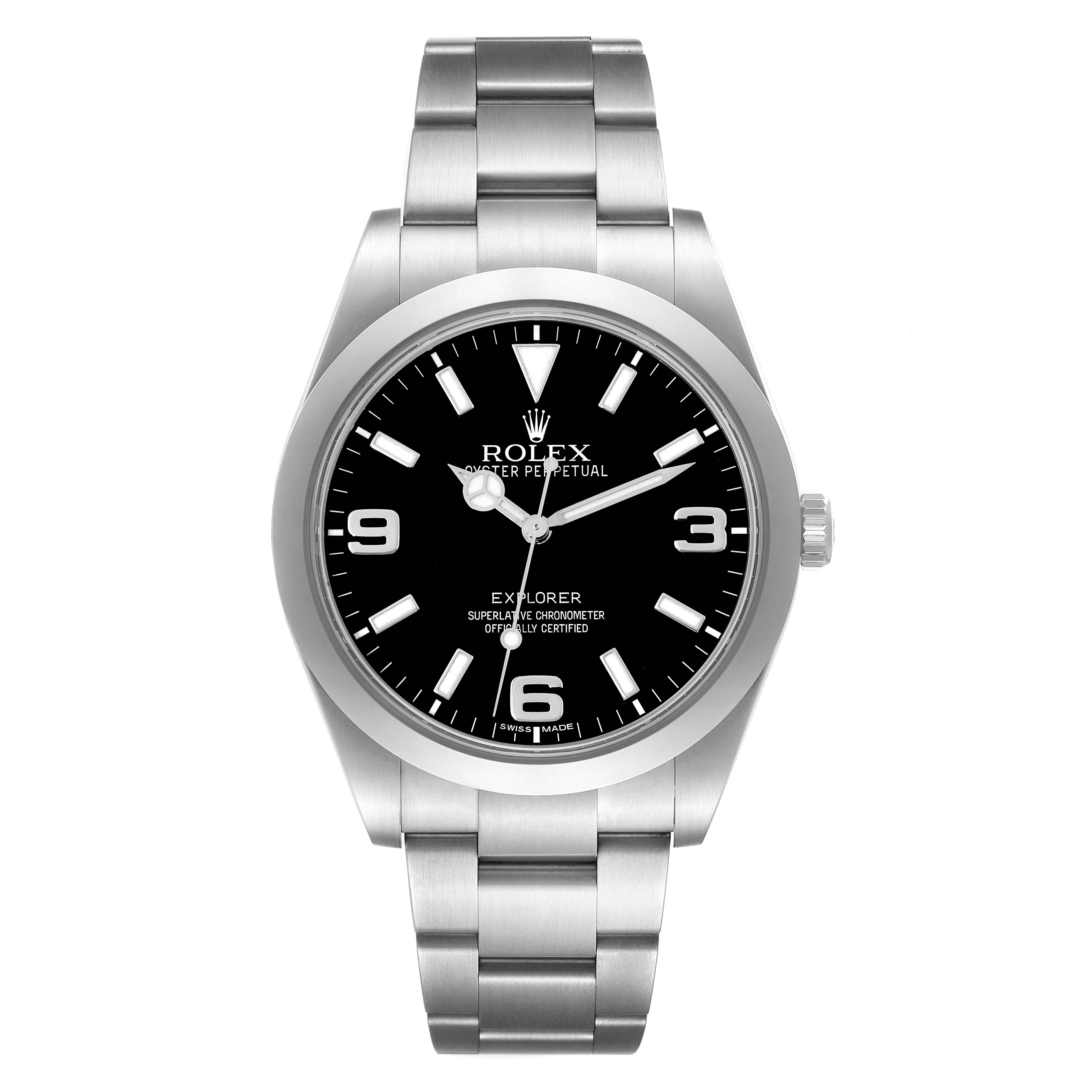 This image shows a front view of the Rolex Explorer 214270 Men's Stainless Steel Black Dial 214270 Men's Stainless Steel Black Dial watch, including its face, bezel, and bracelet.