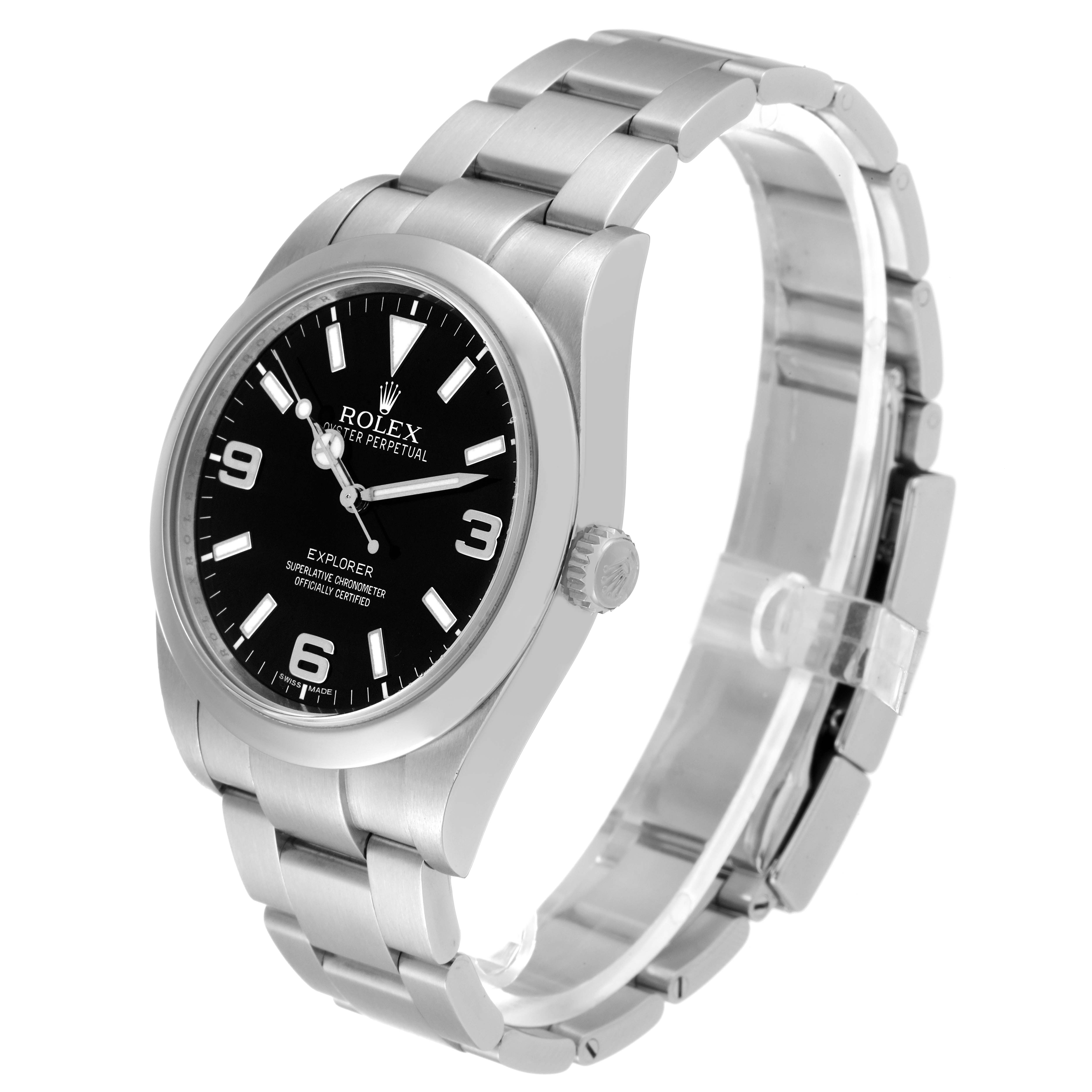 The image shows a Rolex Explorer 214270 Men's Stainless Steel Black Dial 214270 Men's Stainless Steel Black Dial watch at a slight angle, featuring its black dial, stainless steel case, and bracelet.