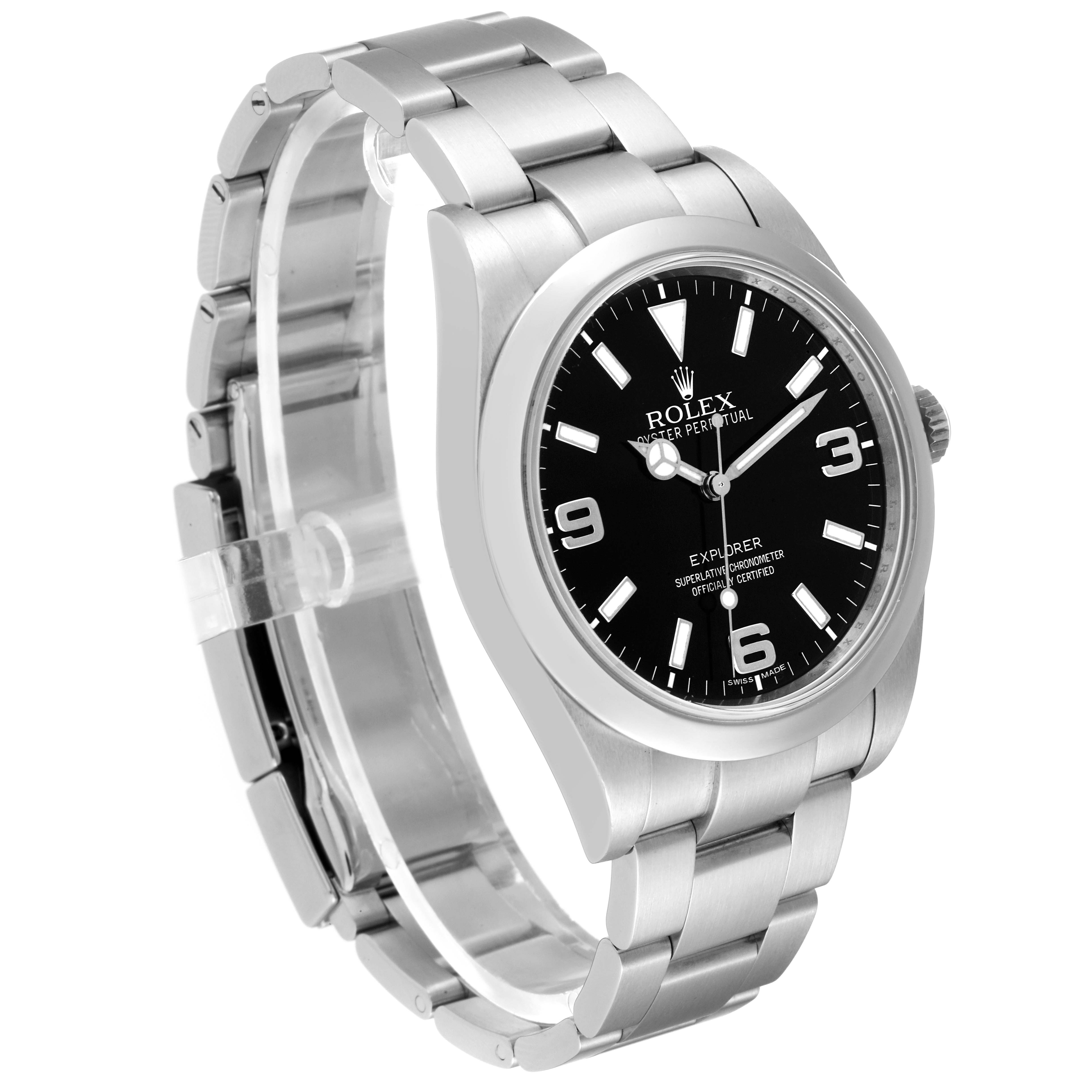 The Rolex Explorer 214270 Men's Stainless Steel Black Dial 214270 Men's Stainless Steel Black Dial watch is shown at a slight angle, displaying its black dial, stainless steel case, and oyster bracelet.