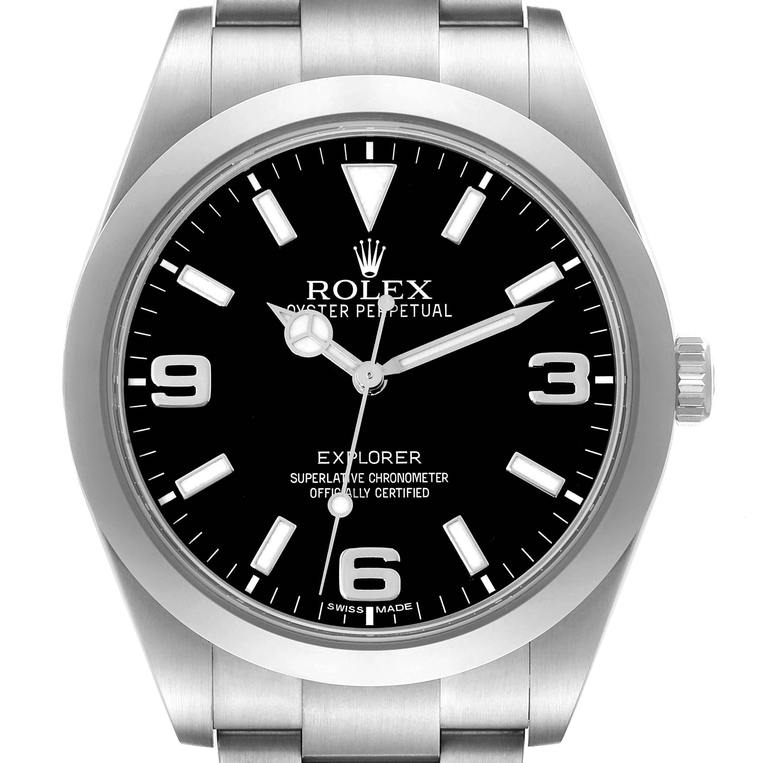 The image shows a front view of a Rolex Explorer 214270 Men's Stainless Steel Black Dial 214270 Men's Stainless Steel Black Dial watch, focusing on its dial, hands, and bracelet.