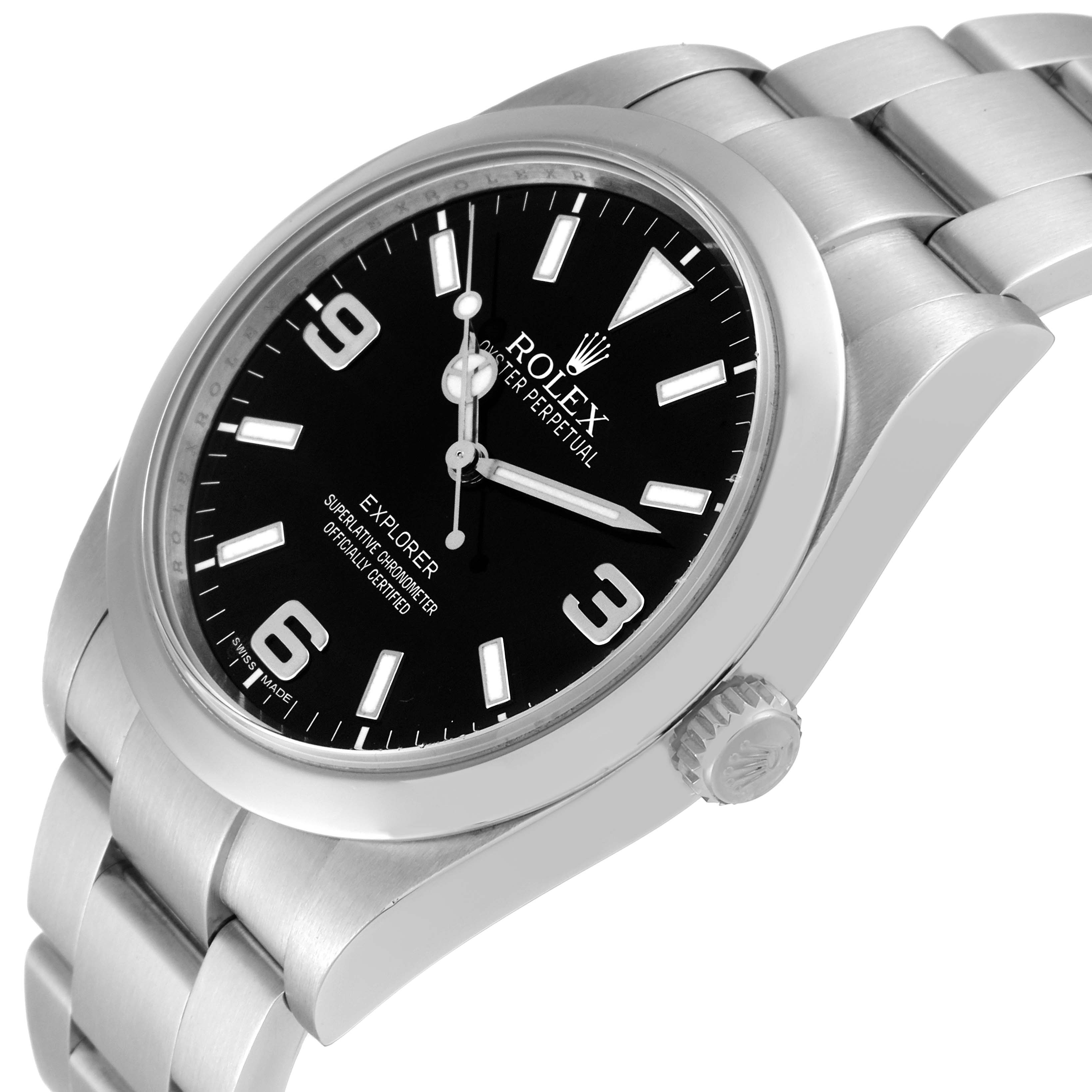 The image shows a Rolex Explorer 214270 Men's Stainless Steel Black Dial 214270 Men's Stainless Steel Black Dial watch angled to display its black dial, crown, and stainless steel bracelet.