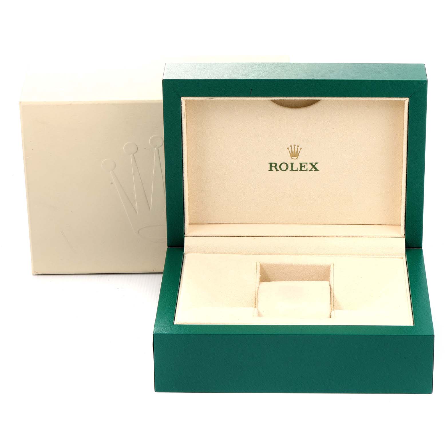 The image shows an open Rolex Explorer 214270 Men's Stainless Steel Black Dial 214270 Men's Stainless Steel Black Dial watch box with a green exterior and beige interior, alongside its outer packaging.
