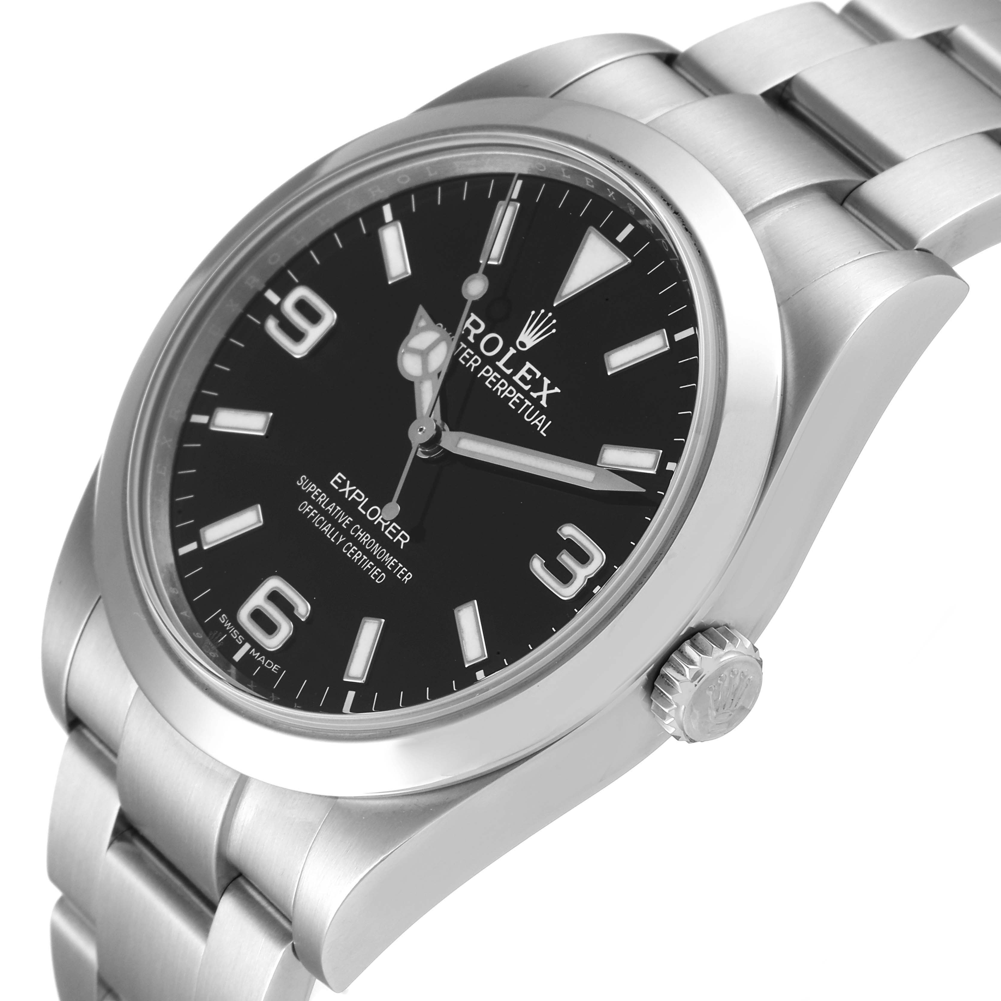 The image shows a side angle of the Rolex Explorer 214270 Men's Stainless Steel Black Dial 214270 Men's Stainless Steel Black Dial watch, highlighting its dial, bracelet, and crown.