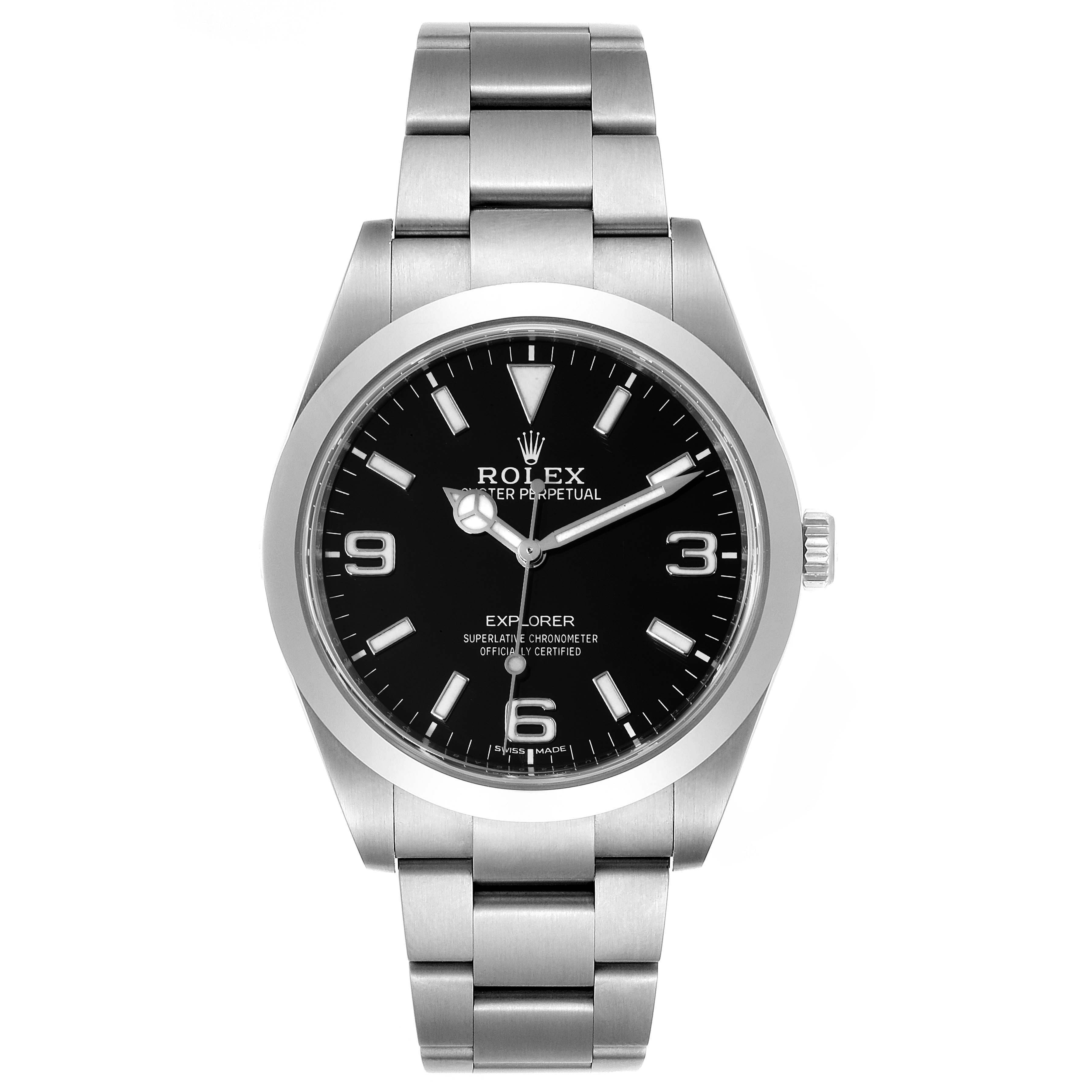 The image shows a front view of the Rolex Explorer 214270 Men's Stainless Steel Black Dial 214270 Men's Stainless Steel Black Dial watch, displaying its dial, bezel, and bracelet.