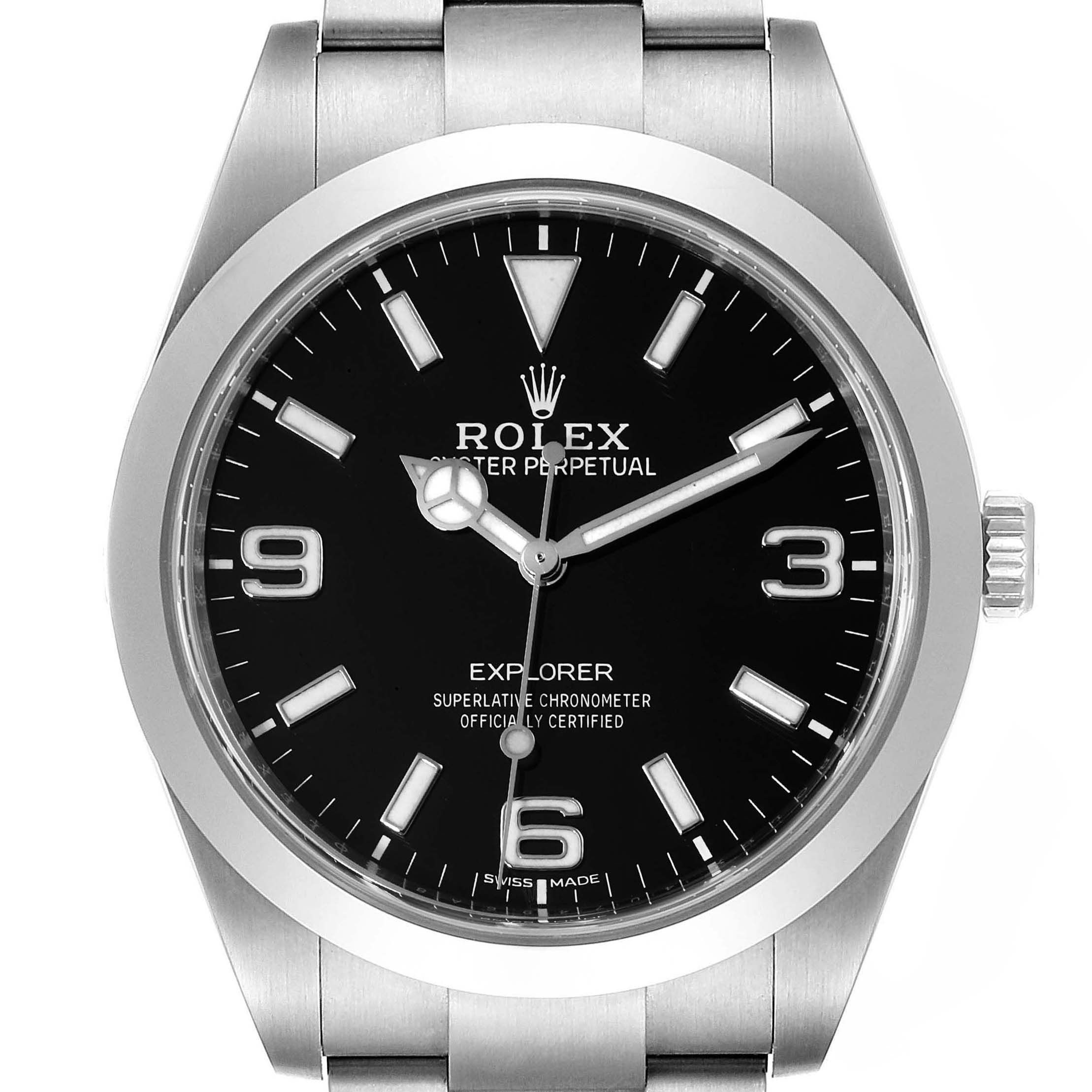 This image shows a front view of the Rolex Explorer 214270 Men's Stainless Steel Black Dial 214270 Men's Stainless Steel Black Dial watch, highlighting its black dial and silver bracelet.