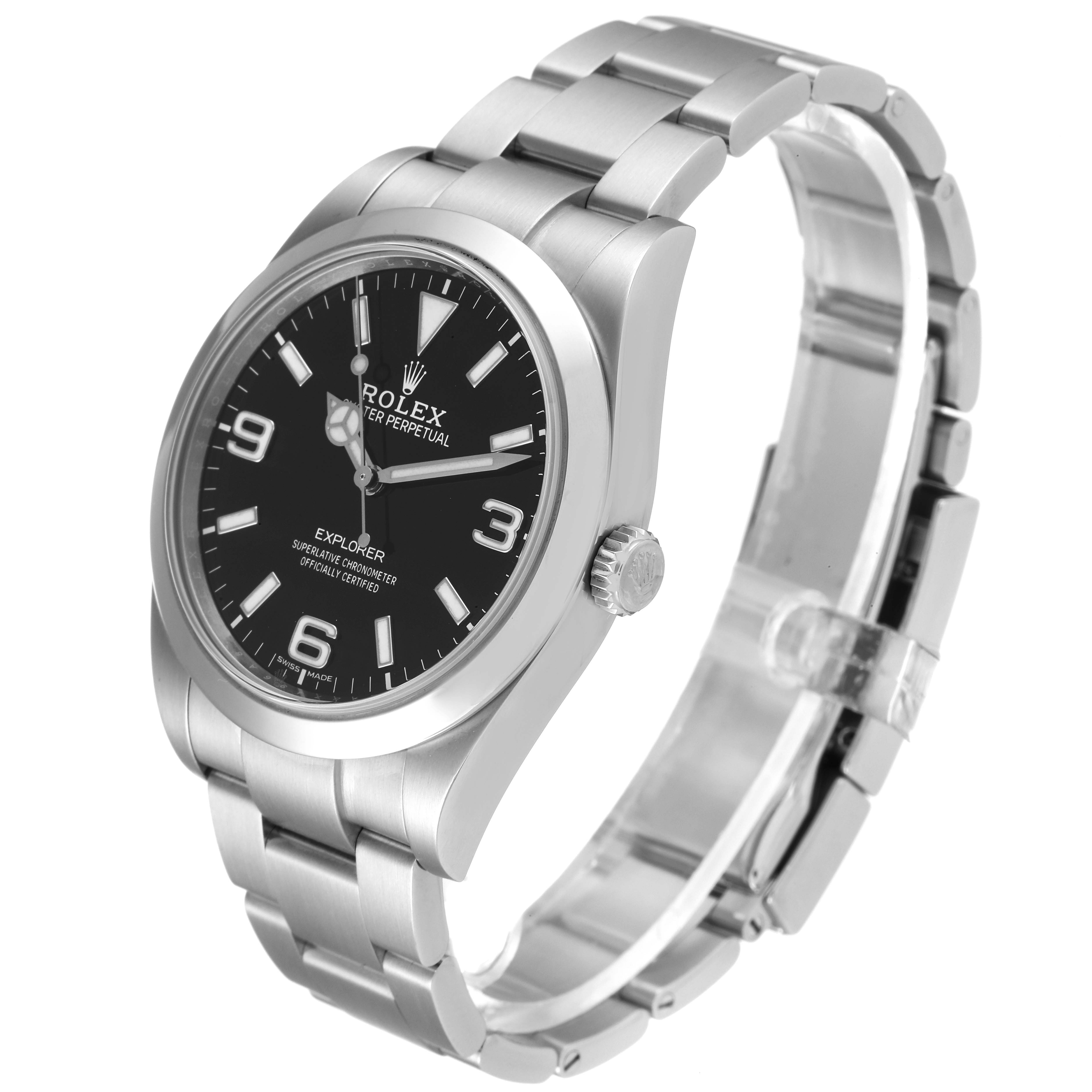 This image of the Rolex Explorer 214270 Men's Stainless Steel Black Dial 214270 Men's Stainless Steel Black Dial watch shows it at an angled side view with the face, bezel, crown, and bracelet visible.