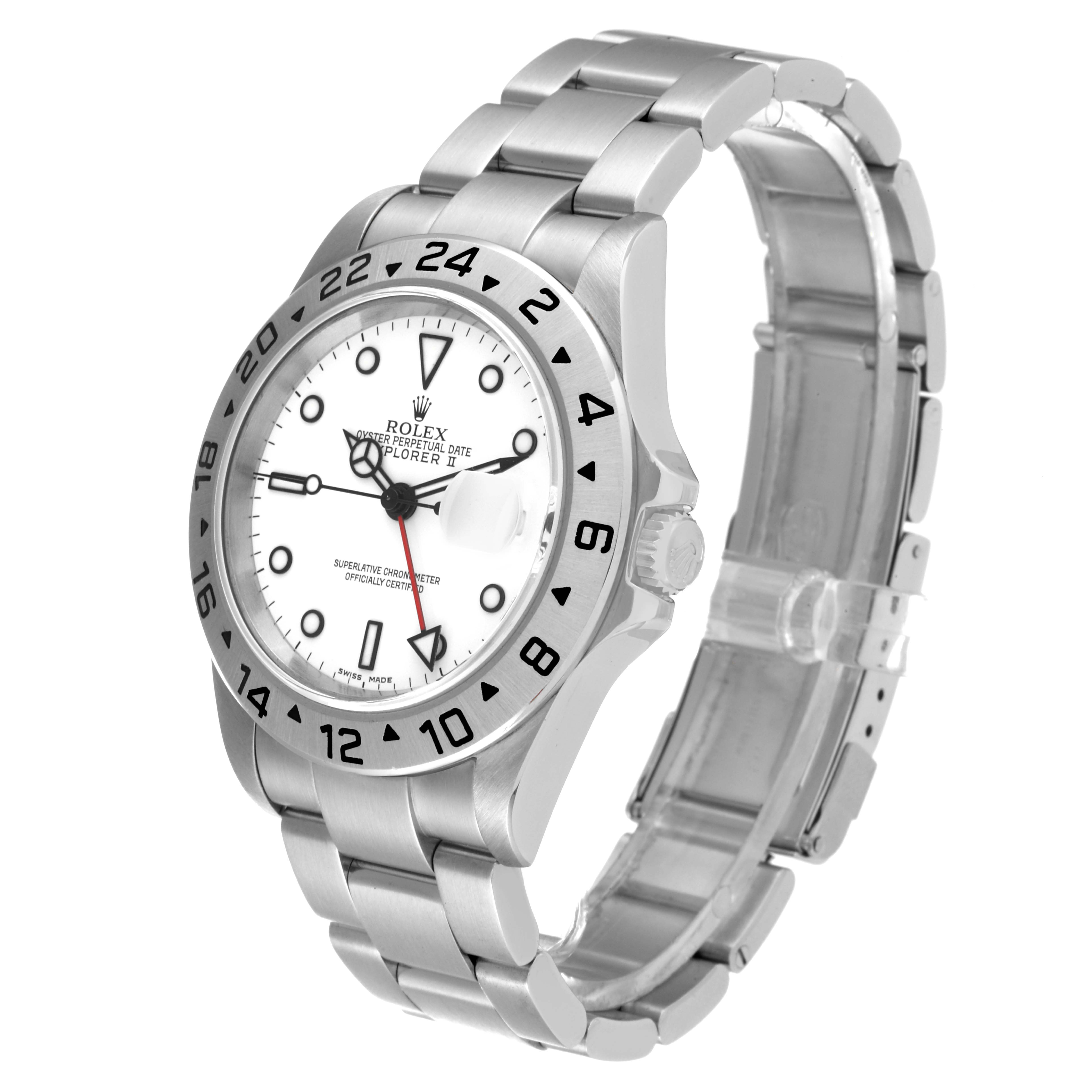 The Rolex Explorer 16570 Men
s Stainless Steel White Dial 16570 Men
s Stainless Steel White Dial model watch is shown at a slight angle, displaying the face, bezel, and metal bracelet.