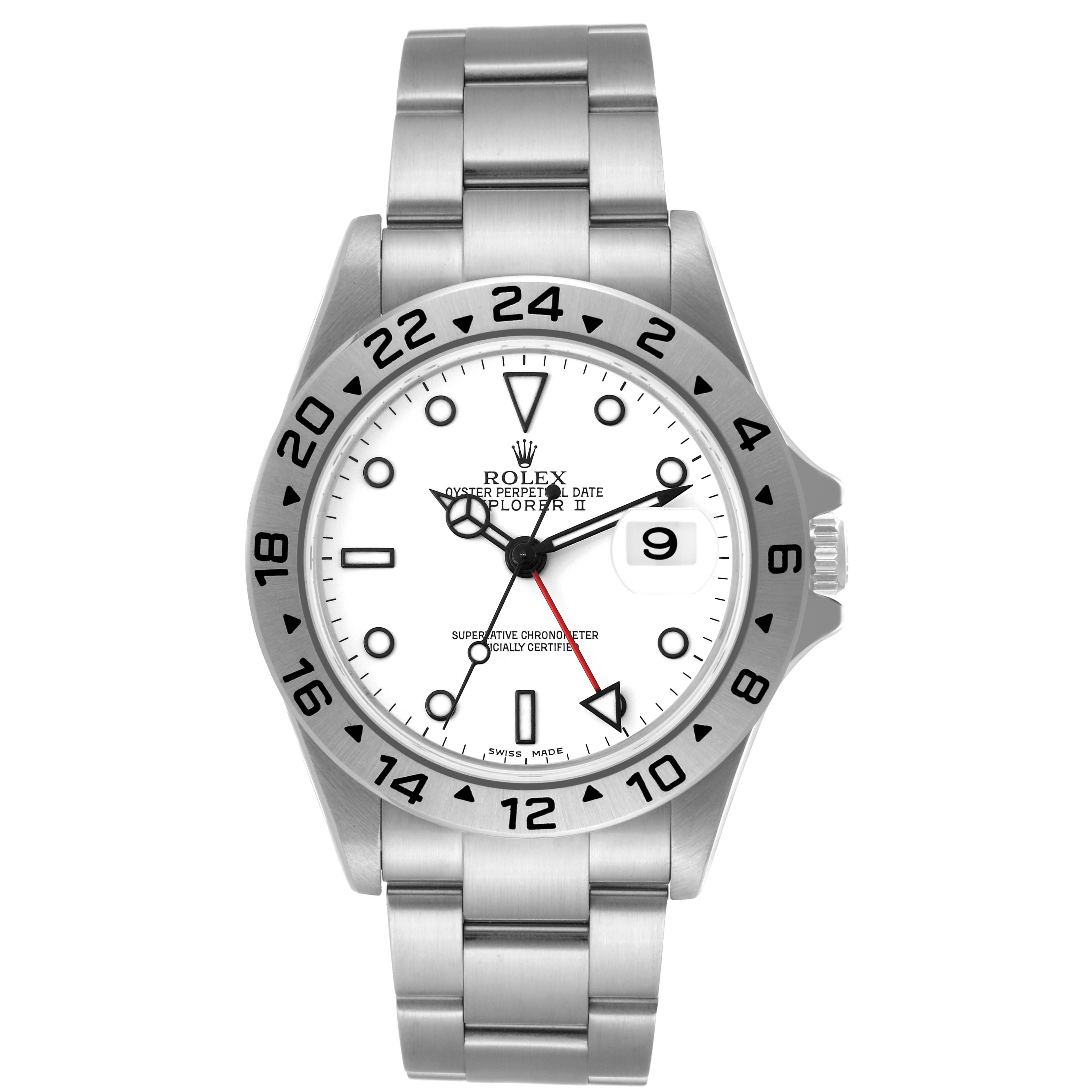 This image shows a frontal view of the Rolex Explorer 16570 Men
s Stainless Steel White Dial 16570 Men
s Stainless Steel White Dial watch, highlighting the dial, bezel, bracelet, and crown.