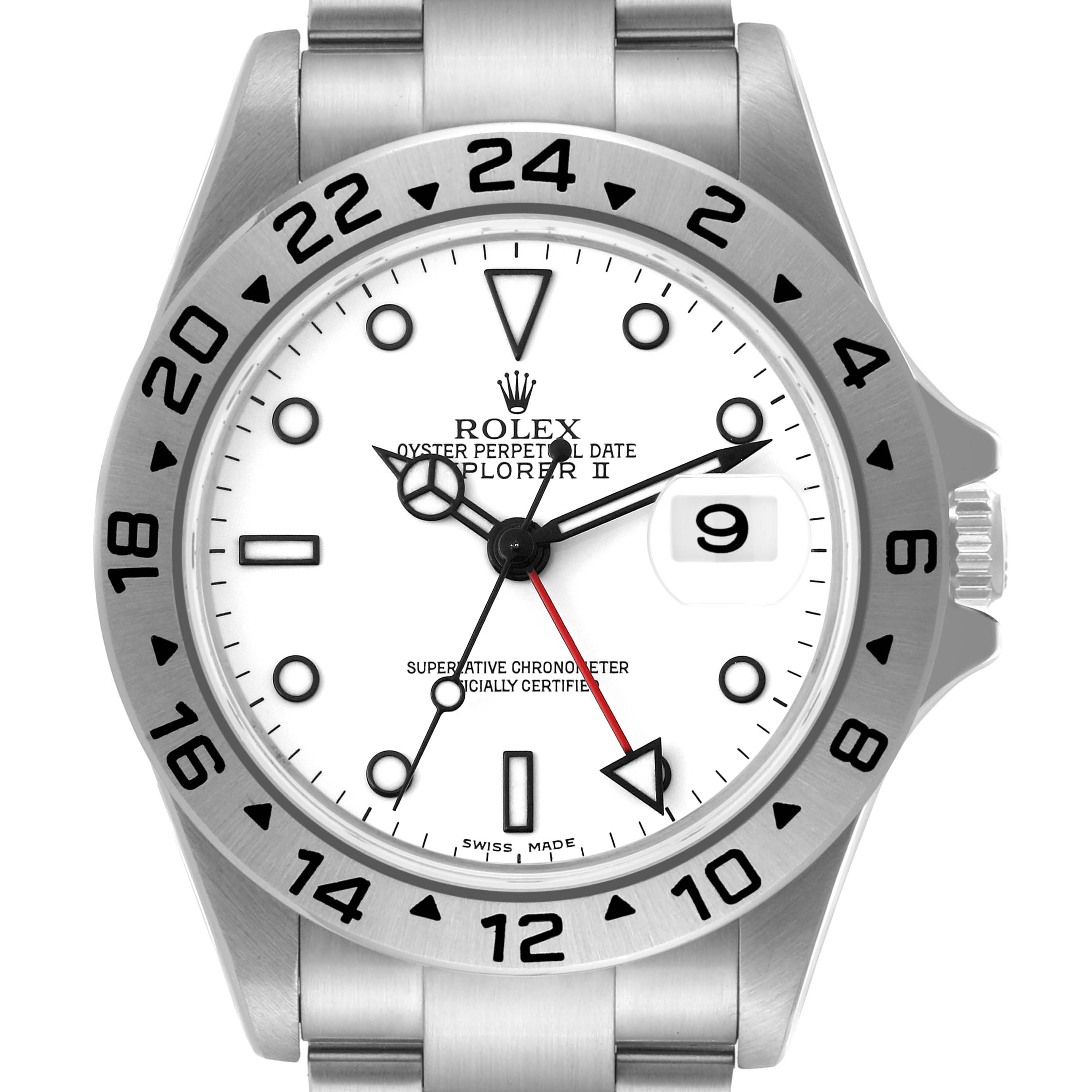 The image shows a front angle of the Rolex Explorer 16570 Men
s Stainless Steel White Dial 16570 Men
s Stainless Steel White Dial watch, highlighting its face, bezel, and part of the bracelet.