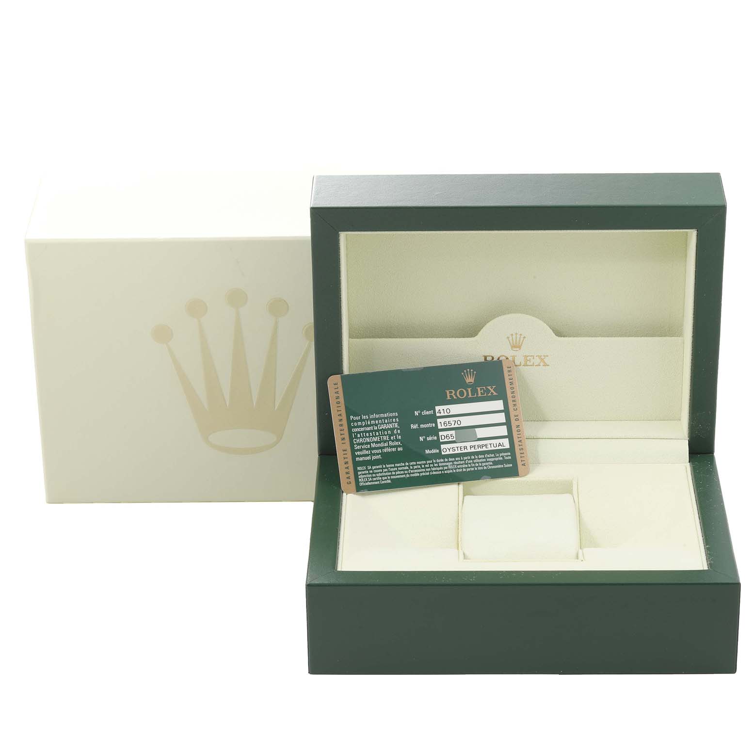 The image shows the open box and Best Quality
ation card for a Rolex Explorer 16570 Men
s Stainless Steel White Dial 16570 Men
s Stainless Steel White Dial model watch.
